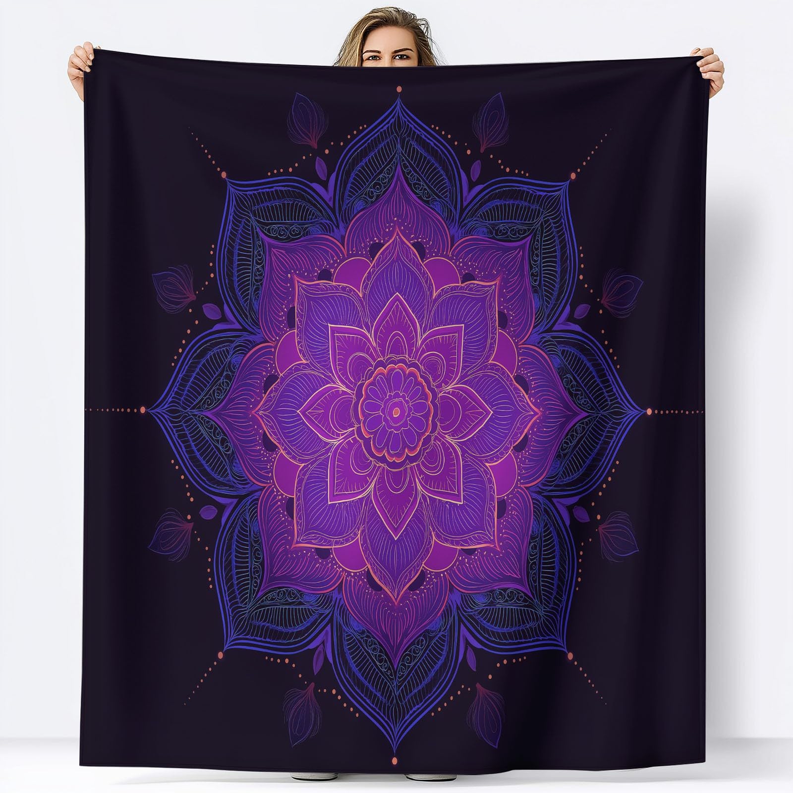 Miękki wełniany koc na łóżko sofa 150 x 200 cm mandala geometryczny koc szerpa, na jesień i zimę - ciemny flanelowy koc na wszystkie pory roku