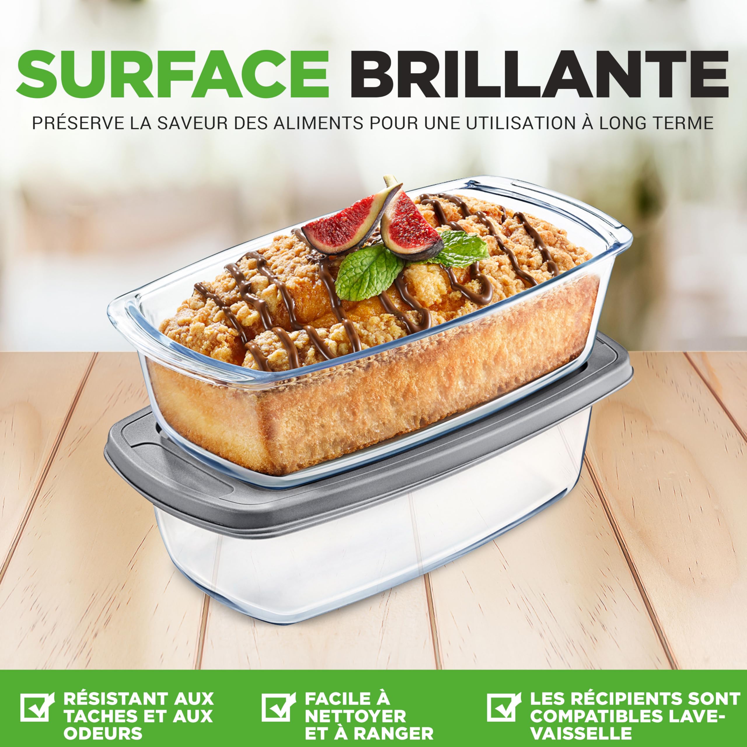 Nutrichef – Lot de 2 Moules à Cake/Moules à Pain en Verre avec Couvercles Hermétiques – Environ 1,8 L par Moule – Récipients en Verre Sans BPA, Empilables, Compatibles Four et Congélateur