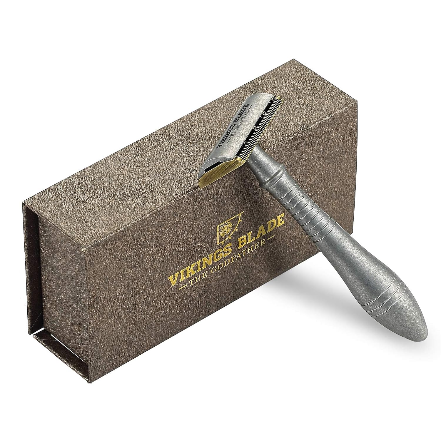Double Edge Safety Razor by VIKINGS BLADE, Long Handle with Luxury Case, 304L Steel, Classic 3 Piece, Eco Friendly. Reduces Razor Burn, Smooth, Close, Clean Shave (Model: The Godfather “Stonehenge”)