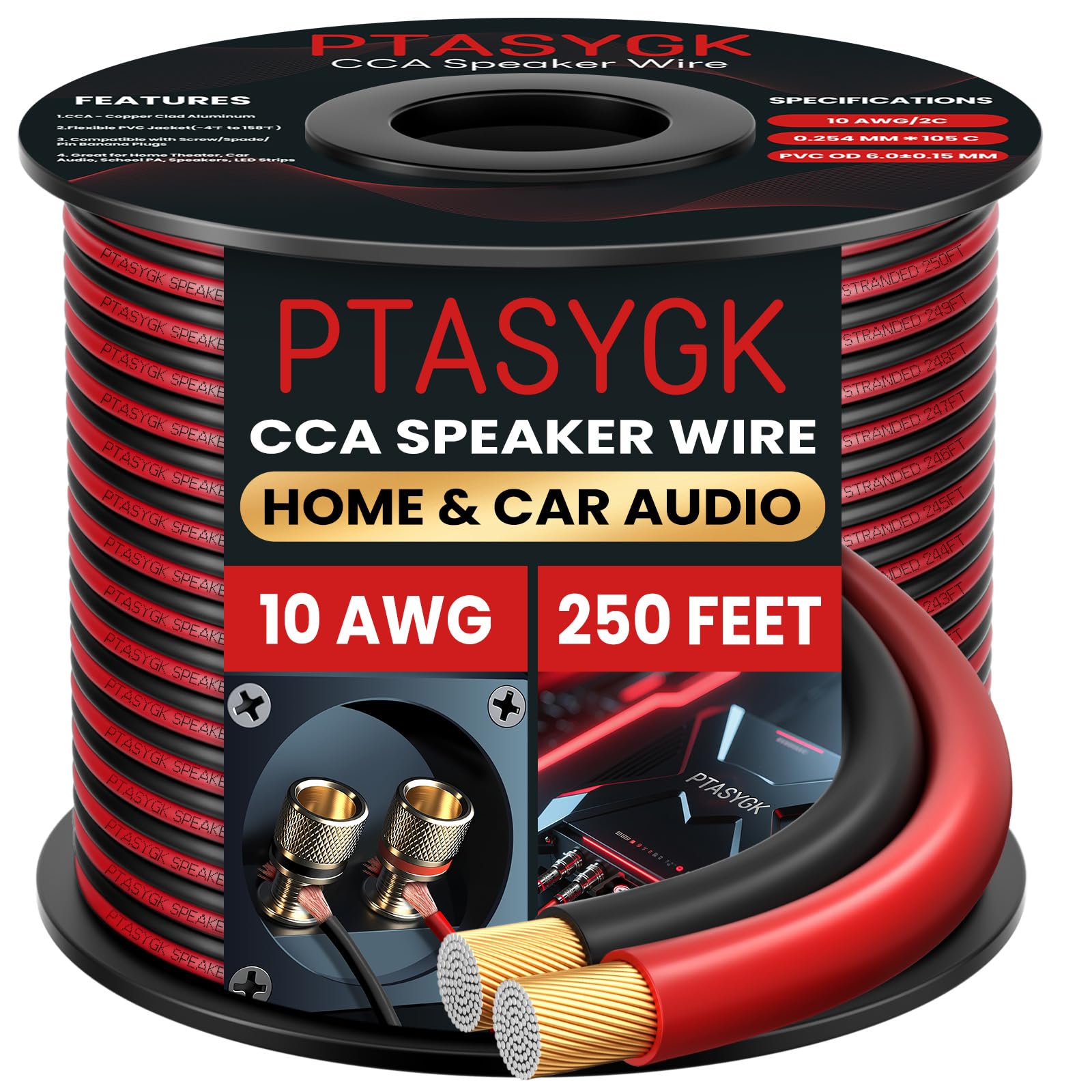 Lautsprecherkabel, 10 Gauge, 75 m | 2-Leiter CCA klares Audio-Lautsprecherkabel für Heimkino und Autoradio mit 300 cm Markierungen