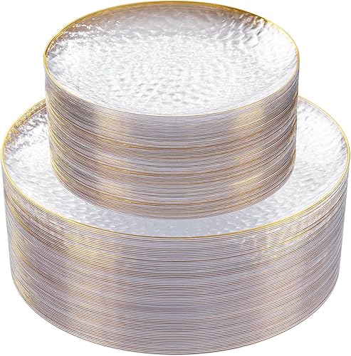 Rubtlamp 60Pcs Clear Plastic Plates,Clear Disposable Plates With Gold Rim,Heavy-duty Gold Plates,Hammered Party Plates Include 30Clear Dessert-Platos,30Dinner-Platos for Wedding, Party