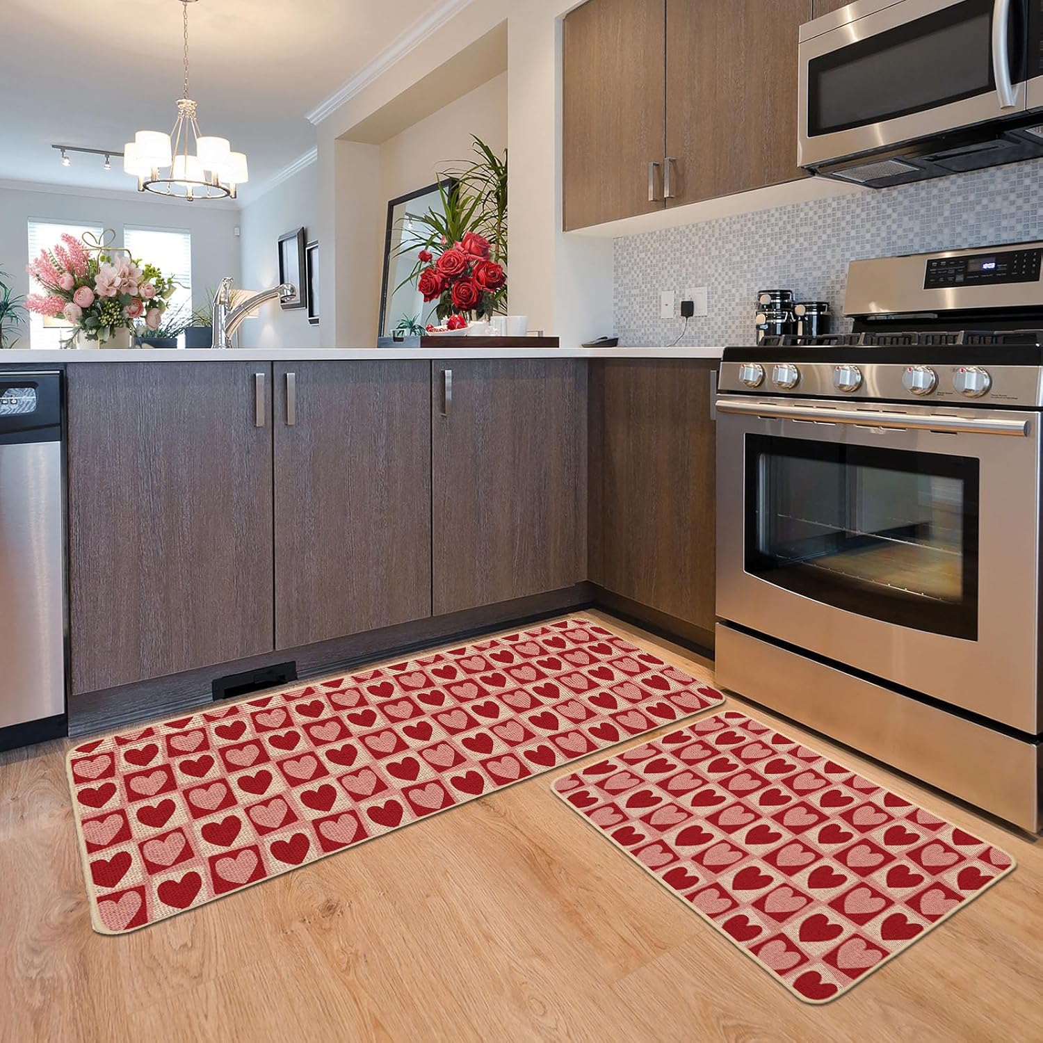Baccessor Valentines Day Kitchen Mats Set of 2, Red Pink Love Heart Plaid Kitchen Rugs Romantic Kitchen Mats for Floor Non Slip Anniversary Wedding Party Home Decor 17x29 and 17x47 Inch