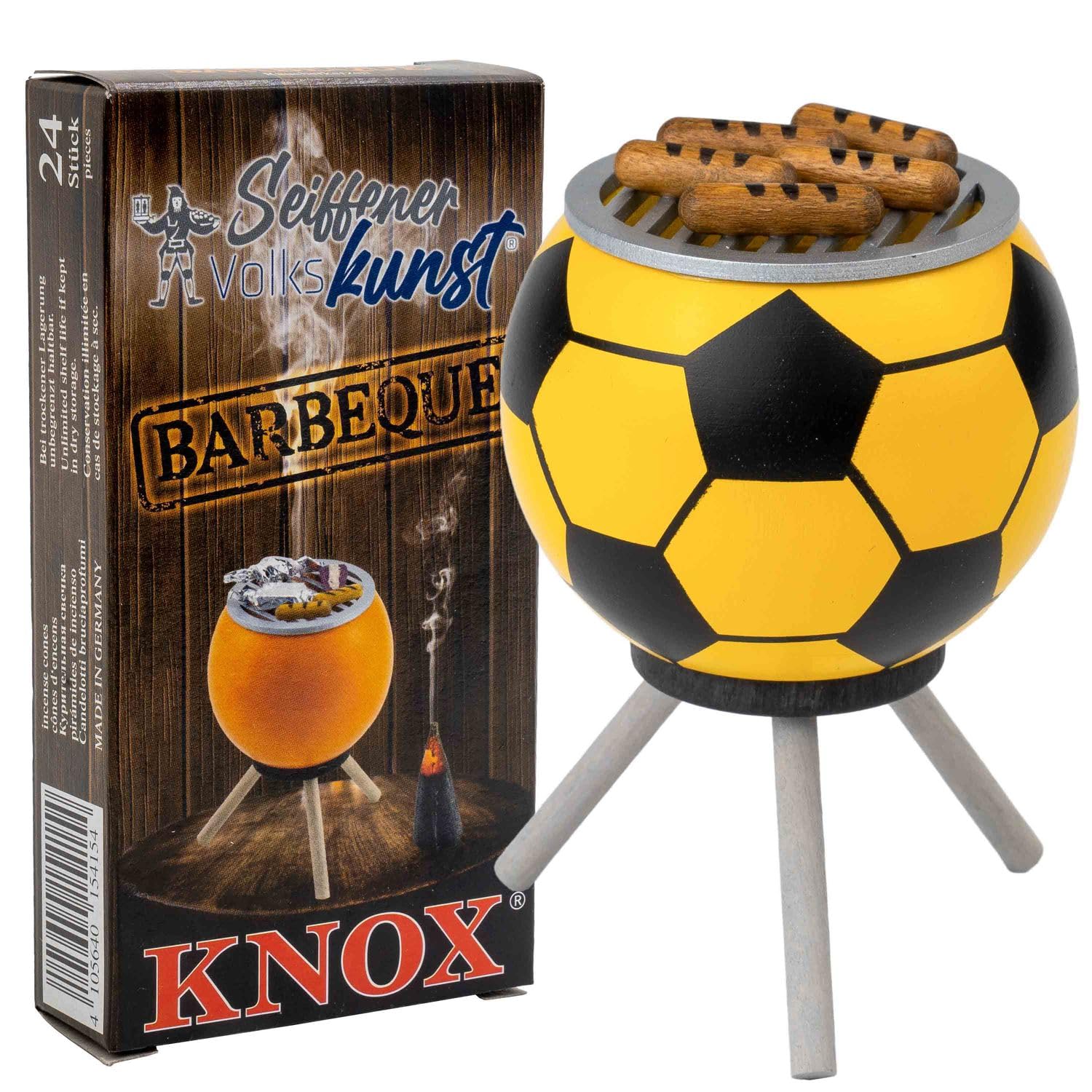 Seiffener Volkskunst | Räucherofen Grillofen | Räucherfigur 10 cm | Grill + Räucherkerzen BBQ | Räuchergrill mit Bratwürsten | gelb + Knox