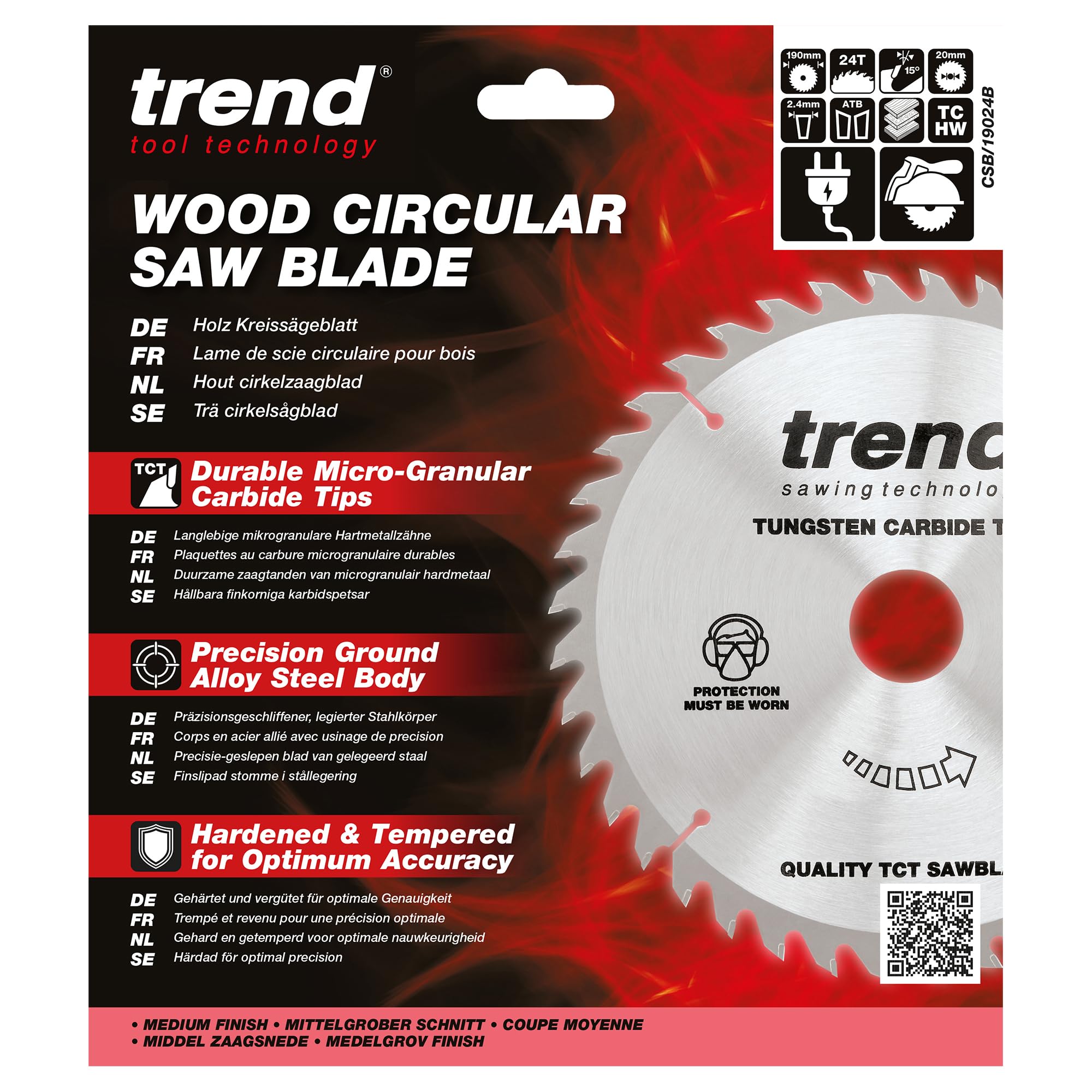 Trend Lame de scie circulaire Wood, diamètre 190 mm, alésage 20 mm, 24 dents, trait de scie 2,4 mm, crochet +15°, TCT, finition moyenne, CSB/19024B