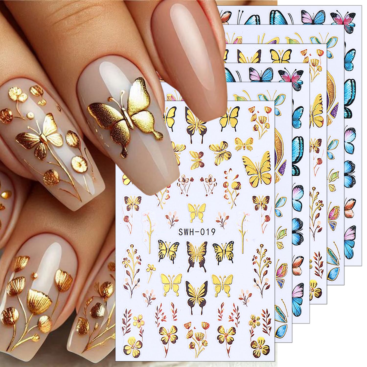 6 Sheets Butterfly Nail Decals for Nail Art Spring Flower Nail Stickers 3D Self-Adhesive Colorful Butterfly Nail Art Stickers Gold Floral Leaf Nail