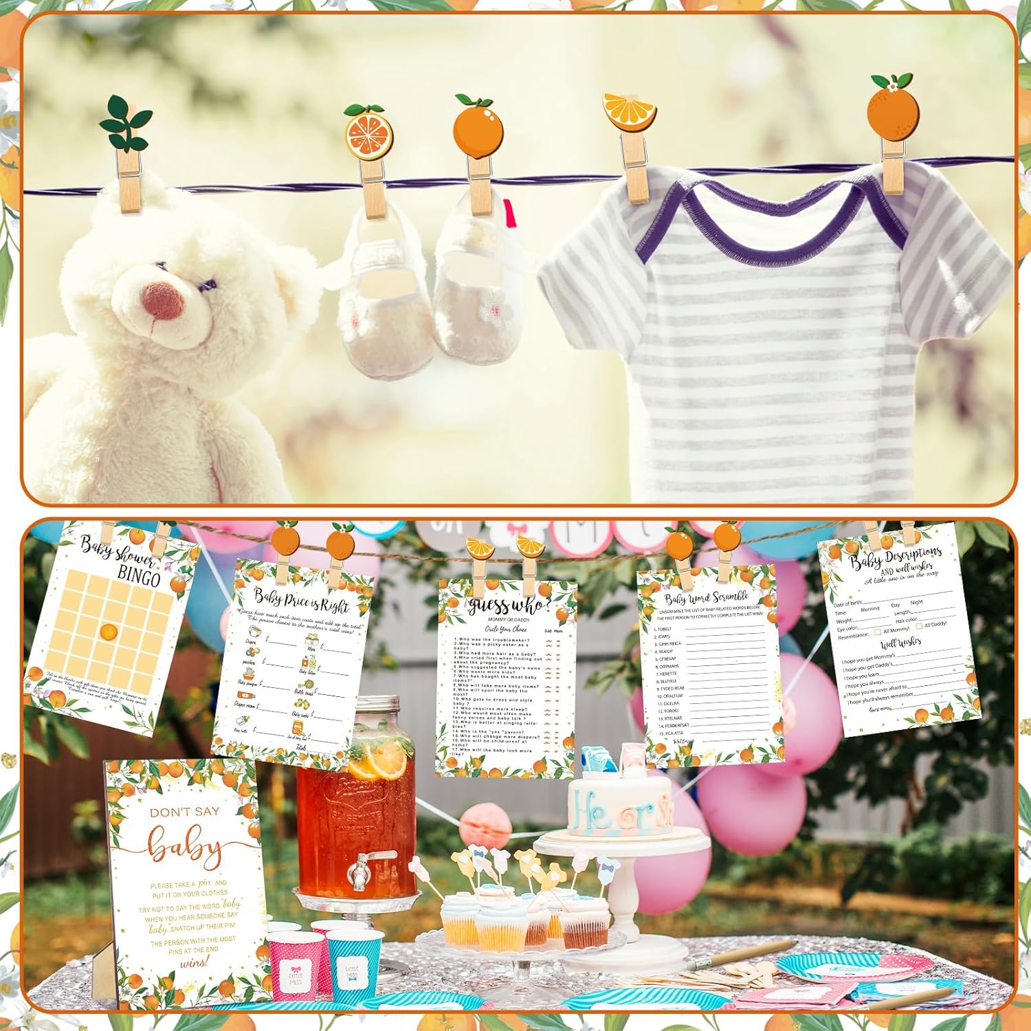 Patelai 321 Pcs Orange Baby Shower Game Supplies for Girl or Boy 5 Set Include 50 Activity Cards 20 Pencils 1 Don't Say Baby Sign 50 Clothespins for Price Is Right Prediction Bingo Game Party Decor