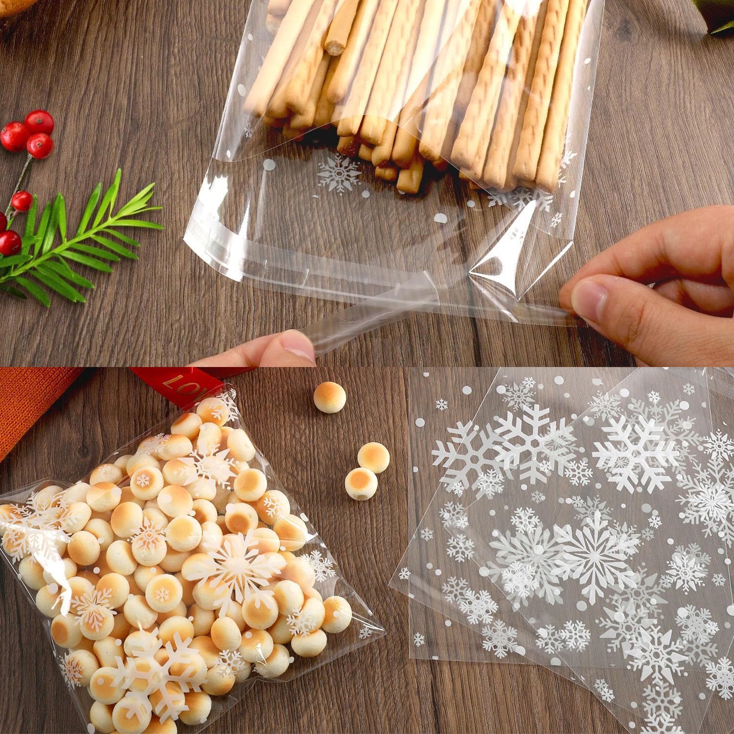 Confezione Da 100 Sacchetti Per Biscotti Natalizi, Sacchetti Per Caramelle Con Fiocchi Di Neve, Sacchetti In Cellophane Trasparente Con 100 Lacci, Per Caramelle, Biscotti, Cioccolatini
