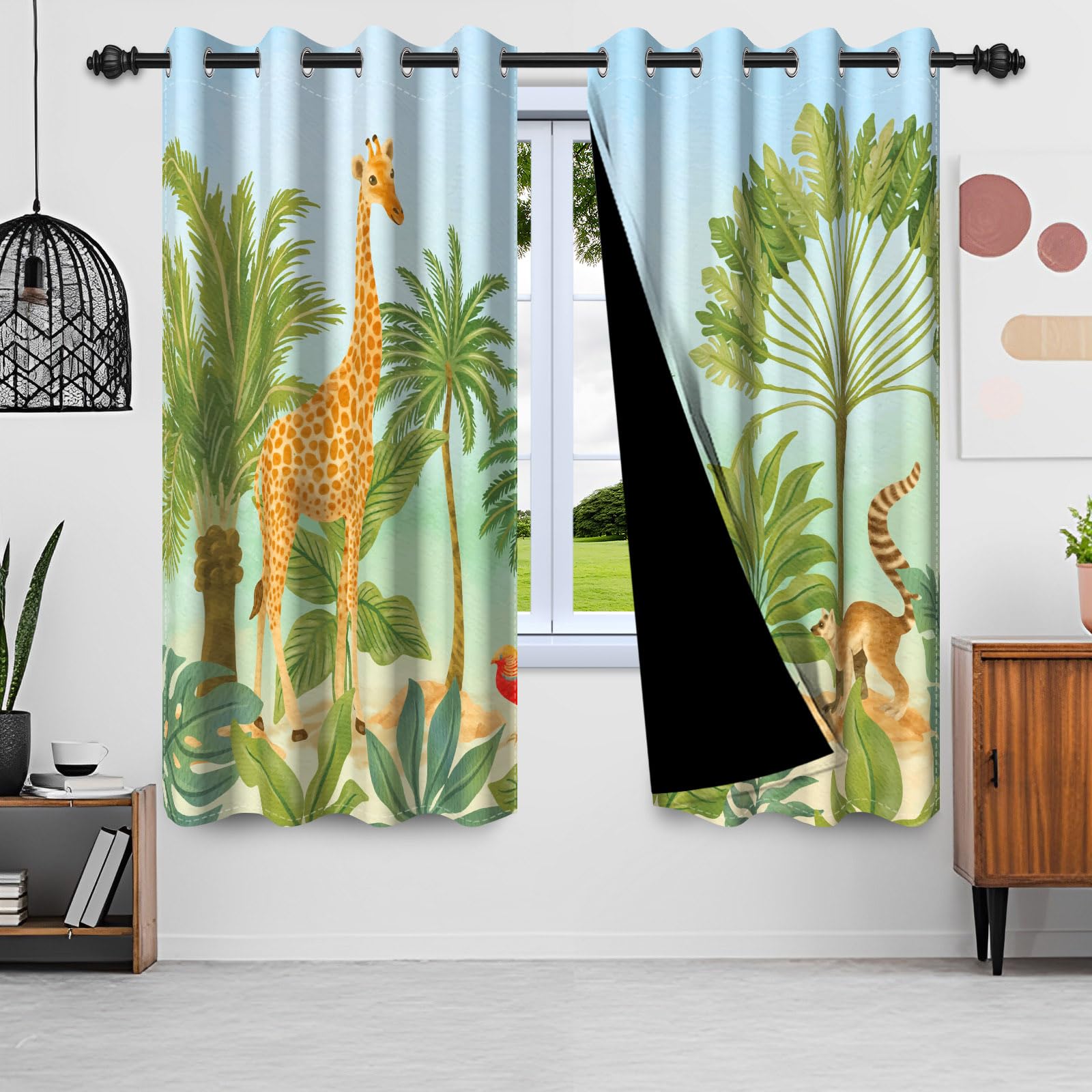 DASHAN Wild Animals Blackout Curtains for Kids Children Bedroom 45 inch Long 2 Panels Giraffe Jungle Forest Art Printed Window Curtains for Nursery Living Room Window Drapes 42Wx45L