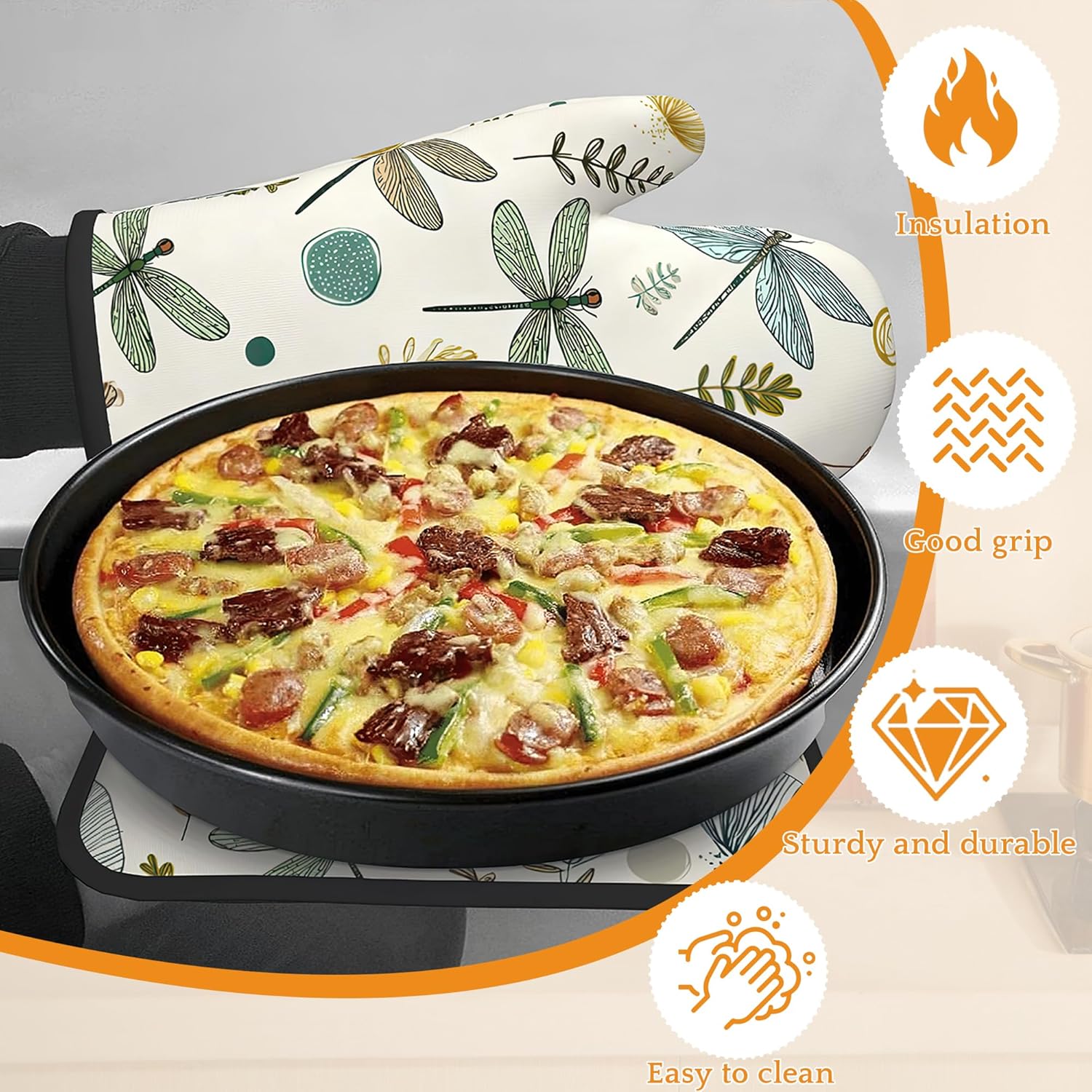 Vintage Dragonfly Oven Mitts and Pot Holders,Boho Heat Resistant Oven Mitts Gloves and Pot Holder for Home Kitchen Decorations Cooking Baking BBQ Gifts,Set of 4 - Image 4