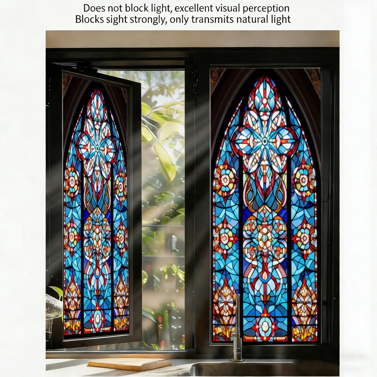 Gotisches Spitzbogen Rosettenfenster Buntglas Sichtschutz Fensterfolie statisch haftend Fensterbehandlungen Glasaufkleber dekorative Folie für Glastür und Heimdekoration,Color 1,70x120cm