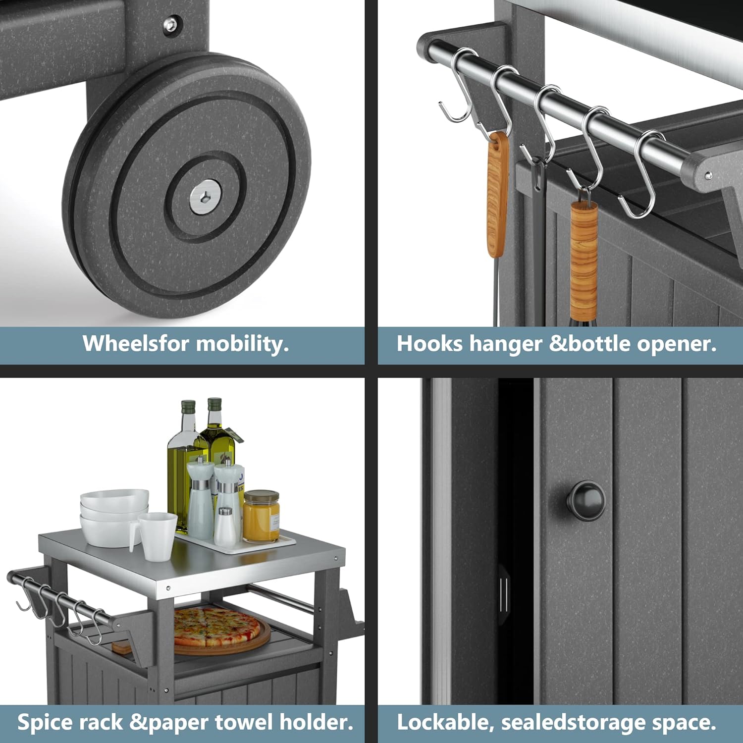 KORVOS Kitchen Portable Outdoor Grill Cart, Patio Bar Cart with Stainless Steel Top and Rolling Wheels, BBQ Cart for Indoor&Outdoor Use, Grey