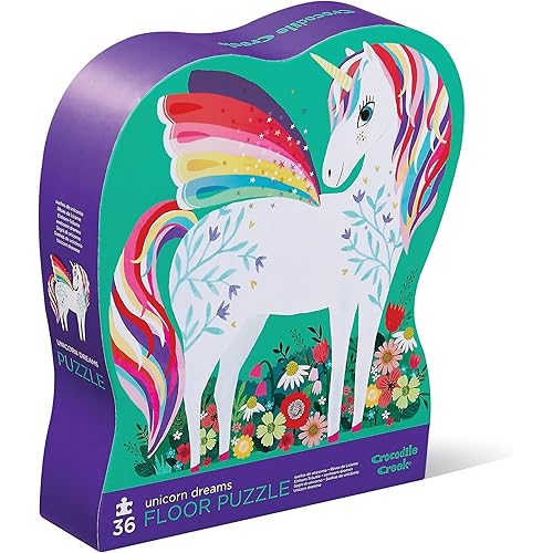 Crocodile Creek 36-Piece Jigsaw Floor Puzzle - Fun Floor Puzzles for Kids Ages 3-5 - Heavy-Duty Shaped Box for Storage - Unicorn Dreams - 24" W x 18" H Finished