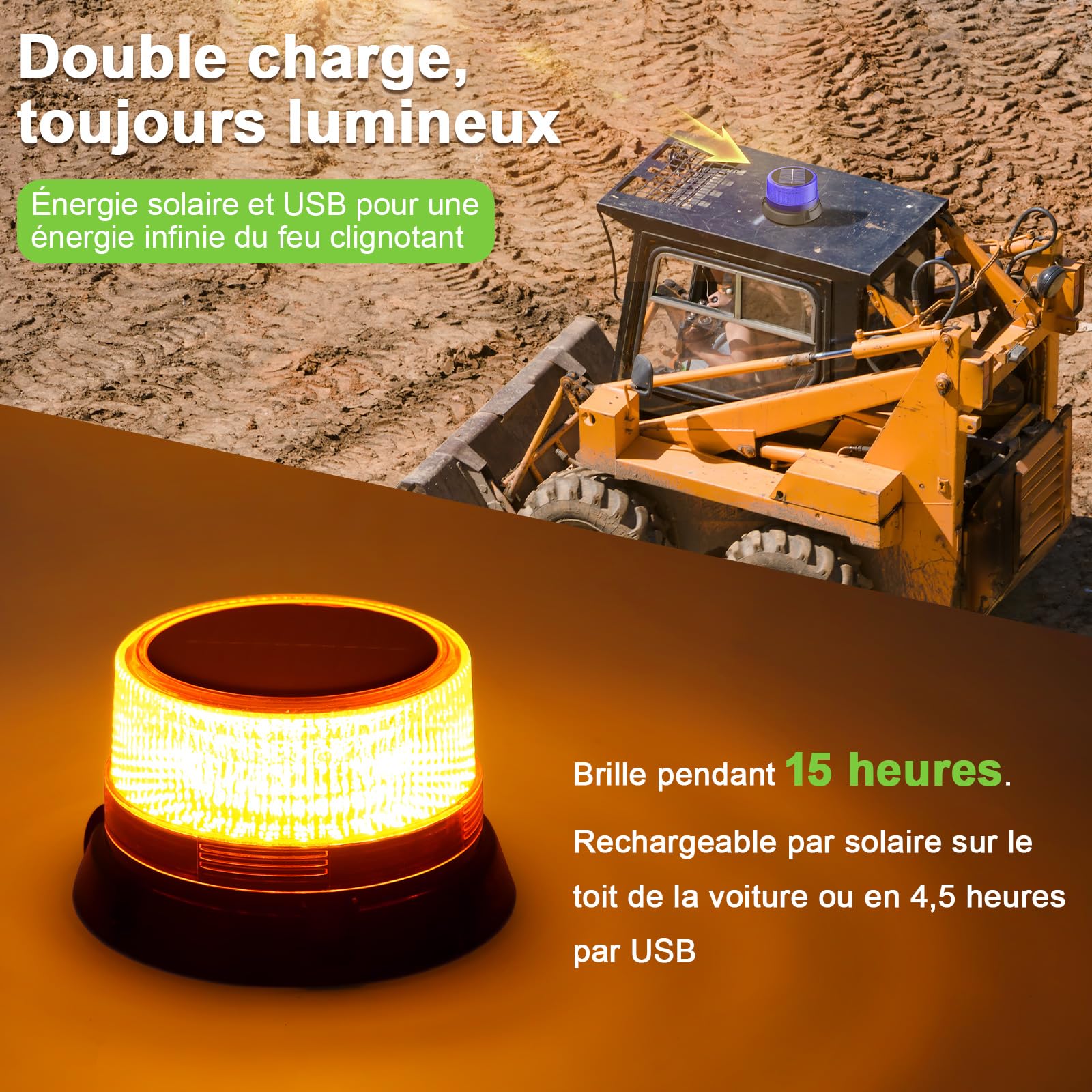 Gyrophare LED Orange sans Fil, Feu d'Avertissement Rechargeable | Socle Aimanté, Panneau Solaire, Étanche IP65, pour Tracteur, Camion et Chantier, 2 Modes Flash