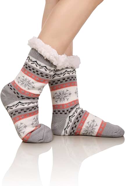 DoSmart Womens Fuzzy Slipper Socks Winter Thermal Snowflake Fleece Lining Christmas Stockings Fluffy Warm Indoor Home Socks