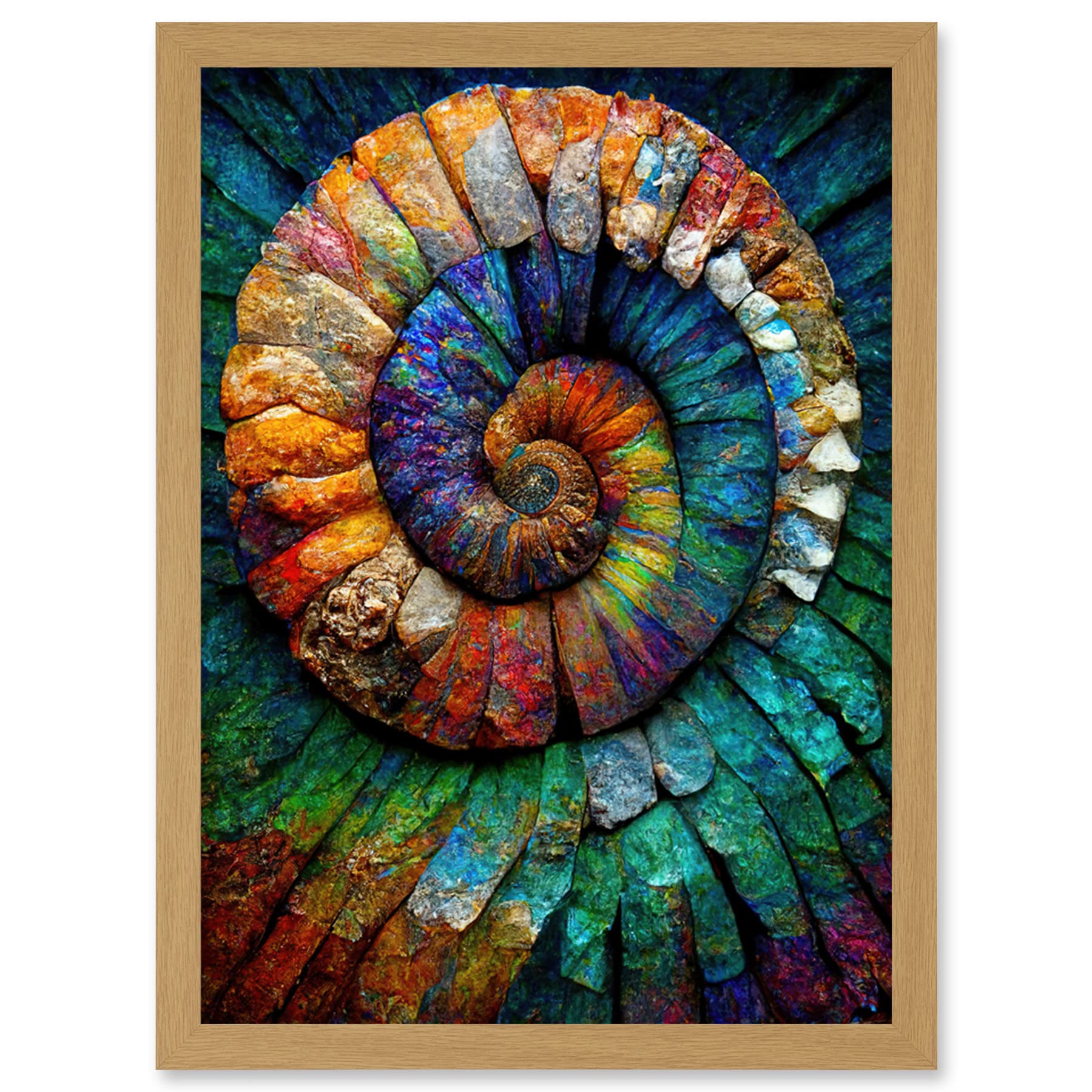 Artery8 Framed Print - Ammonite Fossil Artwork - Light Oak Frame