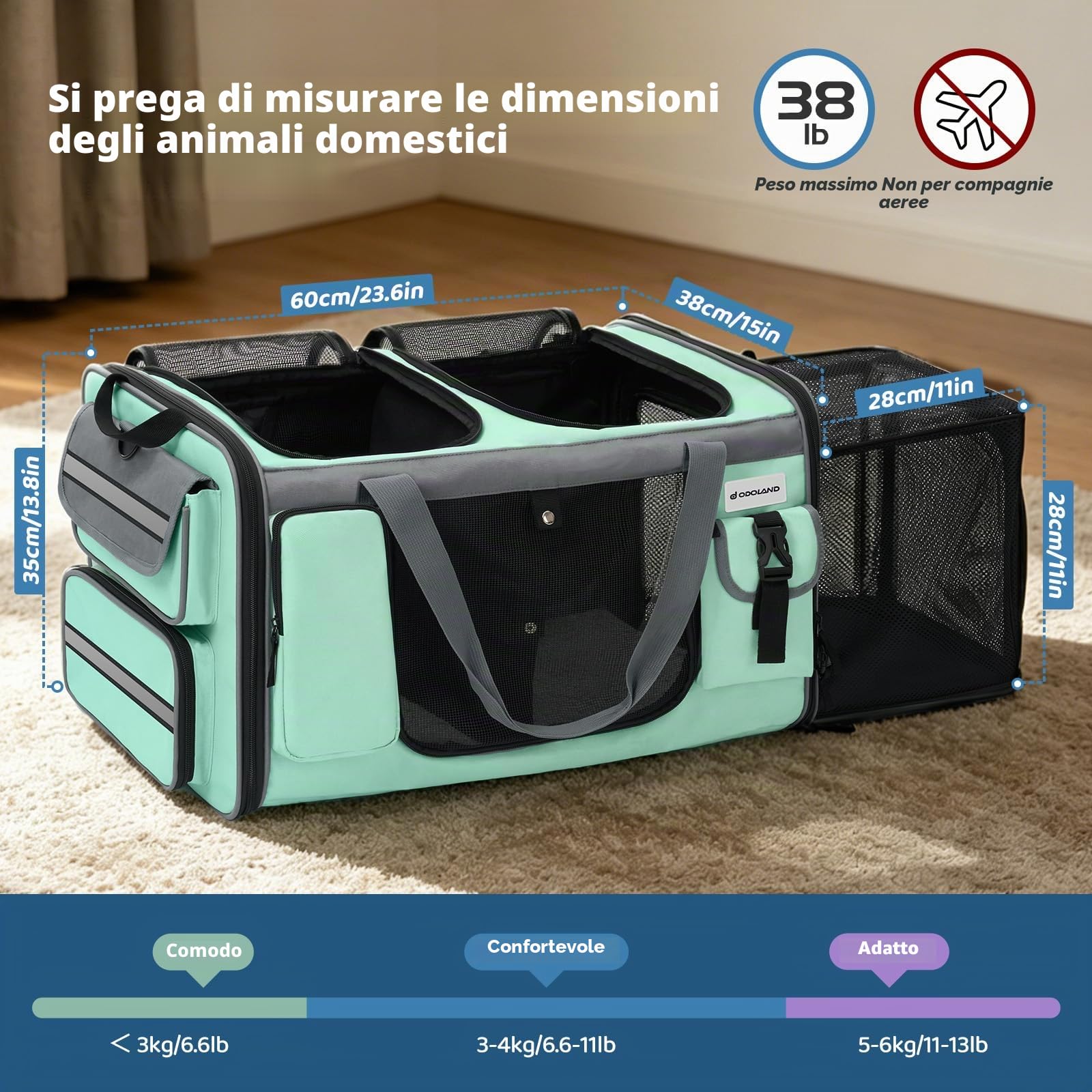 Odoland Trasportino per 2 gatti, pieghevole ed estensibile, borsa per il trasporto traspirante con tracolla e vaschetta per lettiera, ideale per viaggi, auto, verde