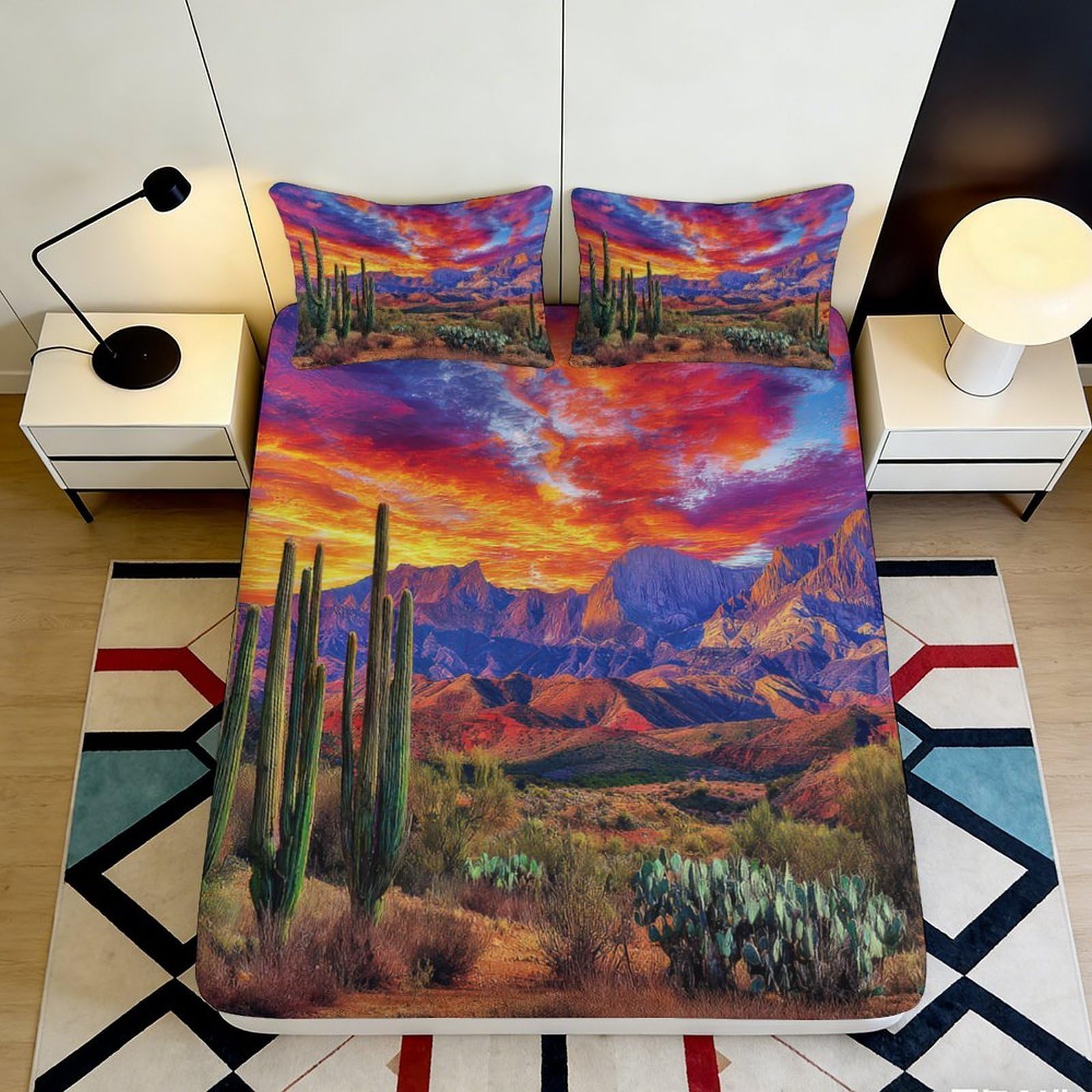 3D Printed Sunset Desert Fitted Sheet Microfiber Soft Breathable Cactus Landscape Mattress Cover for Bedroom Dorm Decor 90x200x25cm