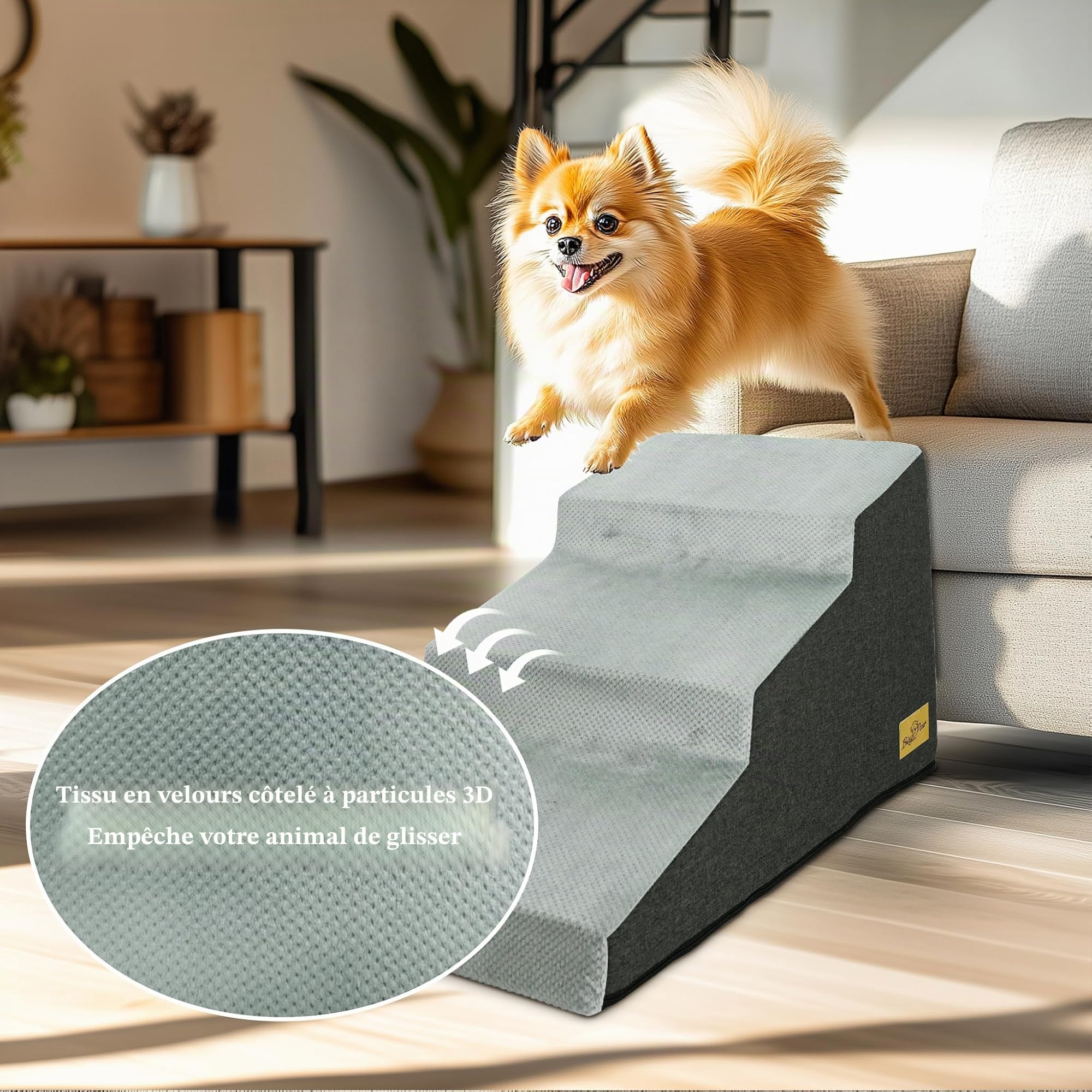 Escaliers pour Chiens à 3 Marches en Éponge Haute Densité, Rampe pour Chien et Chat Antidérapant avec Housse Amovible - Échelle Large pour Animaux de Compagnie Agés 39x65x39.5cm