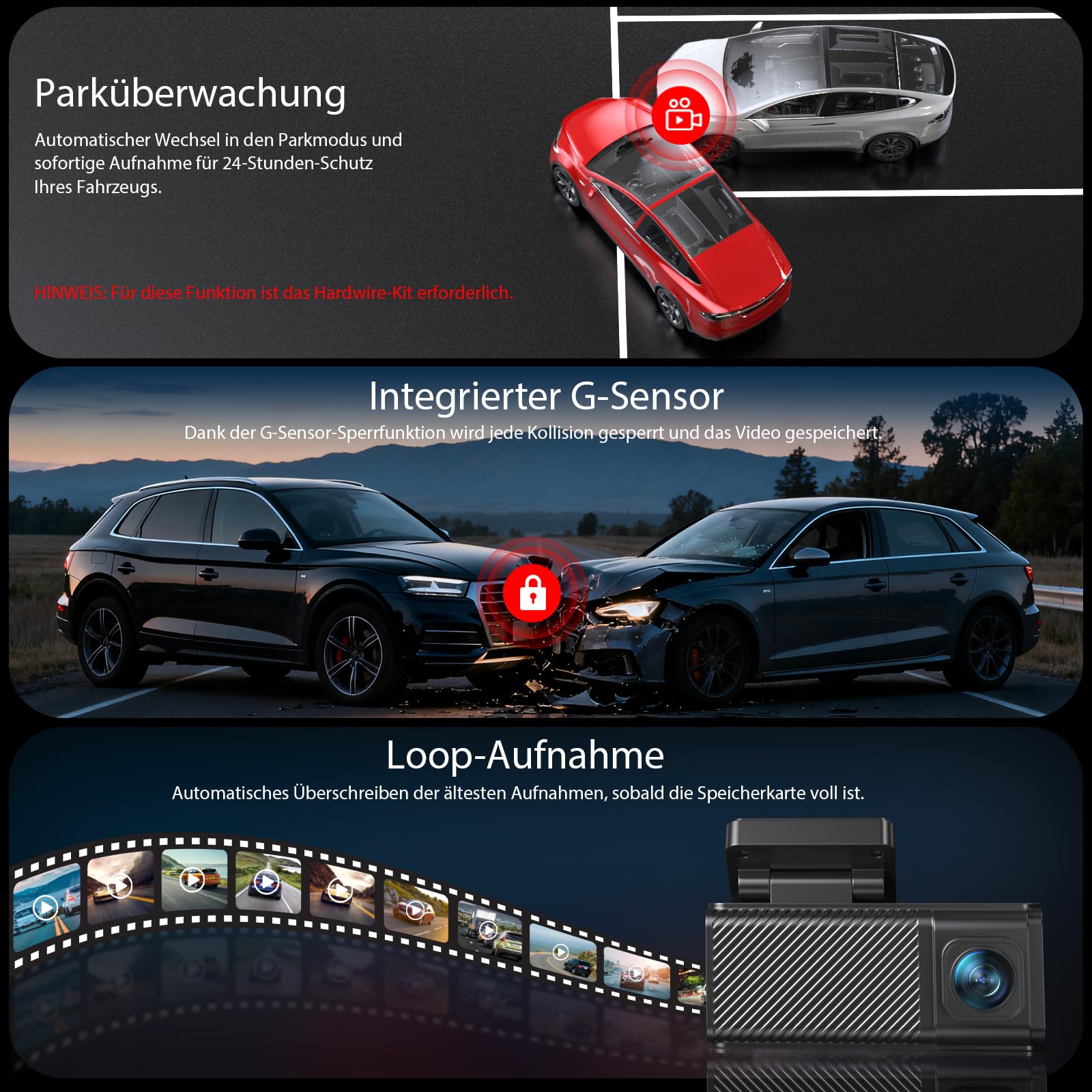 4K+2.5K Front Heck Dashcam mit 5,8 GHz WLAN & GPS Doppelkanal-Auto-Kamera, 3,16" IPS Bildschirm, Nachtsicht, 170° Weitwinkel, Parkschutzmodus, G-Sensor, Loop-Aufnahme – inkl. 64GB SD-Karte