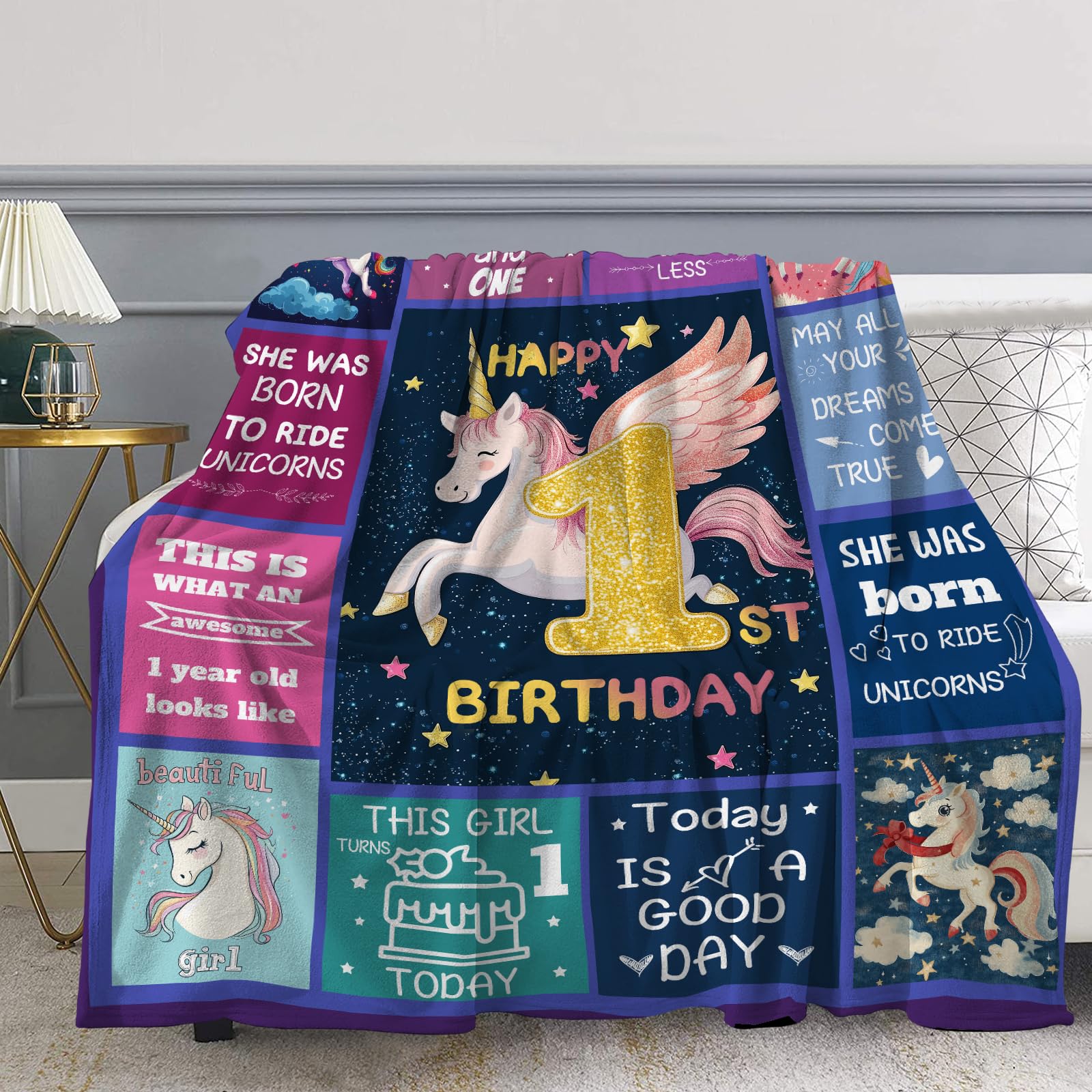1st Birthday Girls Gifts for 1 Year Old Girl Birthday Blanket for Room Decor Soft Blanket for Couch Cozy Throw Blankets for Bed Sofa 60" X 50"