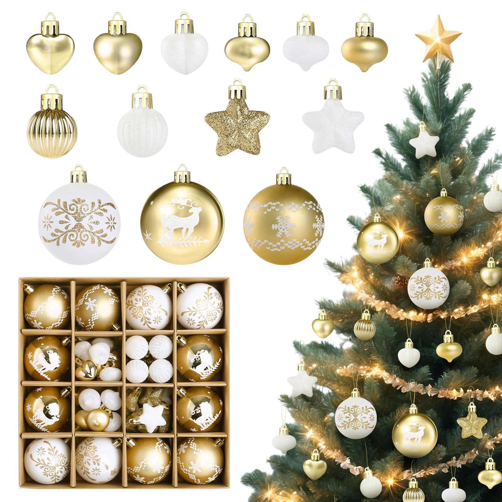 Kesote 52 Piezas Adornos Colgantes de Navidad Bolas para Árbol de Navidad con Cuerdas Decoración Navideña 2024, Blanco y Dorado