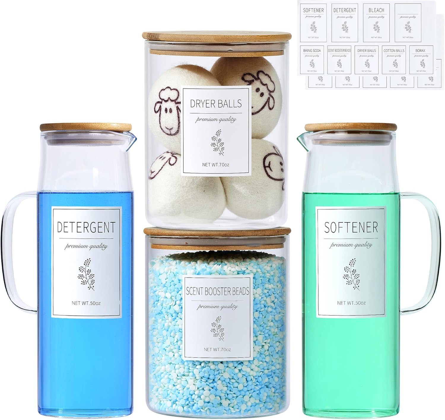 Glass laundry detergent dispenser set with bamboo lids labels