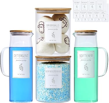 Glass Laundry Detergent Dispenser Set - 2x50oz & 2x70oz Borosilicate Containers with Bamboo Lids, Handle& Labels, Stores Powder,laundry pods,Fabric Softener, for Laundry Room organization and Decor