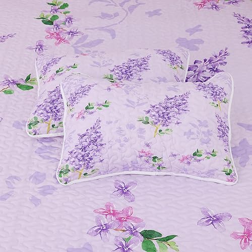Miniatura 4 de Juego de edredón floral morado, tamaño matrimonialqueen, juego de edredón de 3 piezas con flores botánicas, colcha ligera acolchada para todas las
