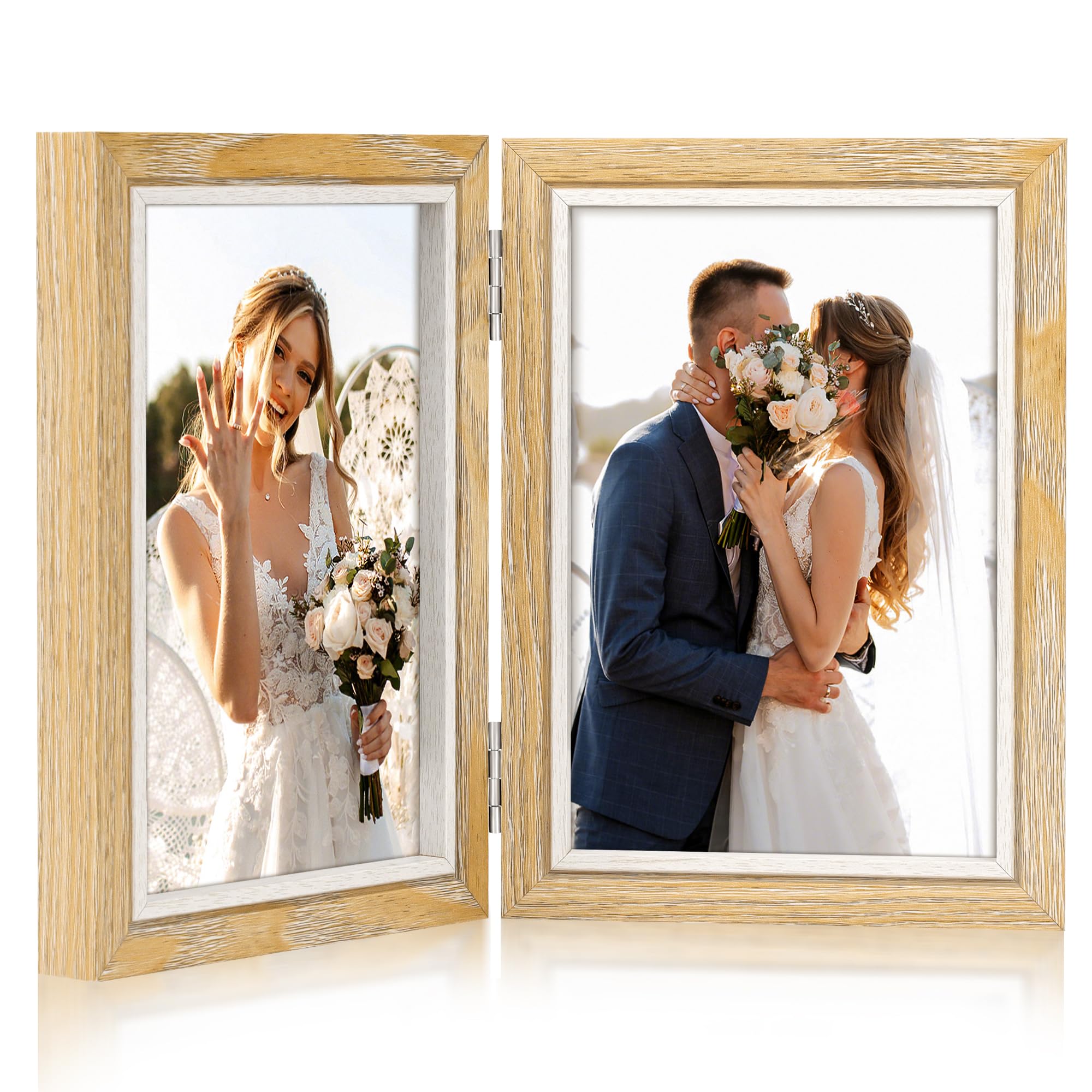 Cornice portafoto doppia in legno pieghevole con vetro, supporto da scrivania per 2 foto, perfetta per famiglia, regali di nozze, venature del legno