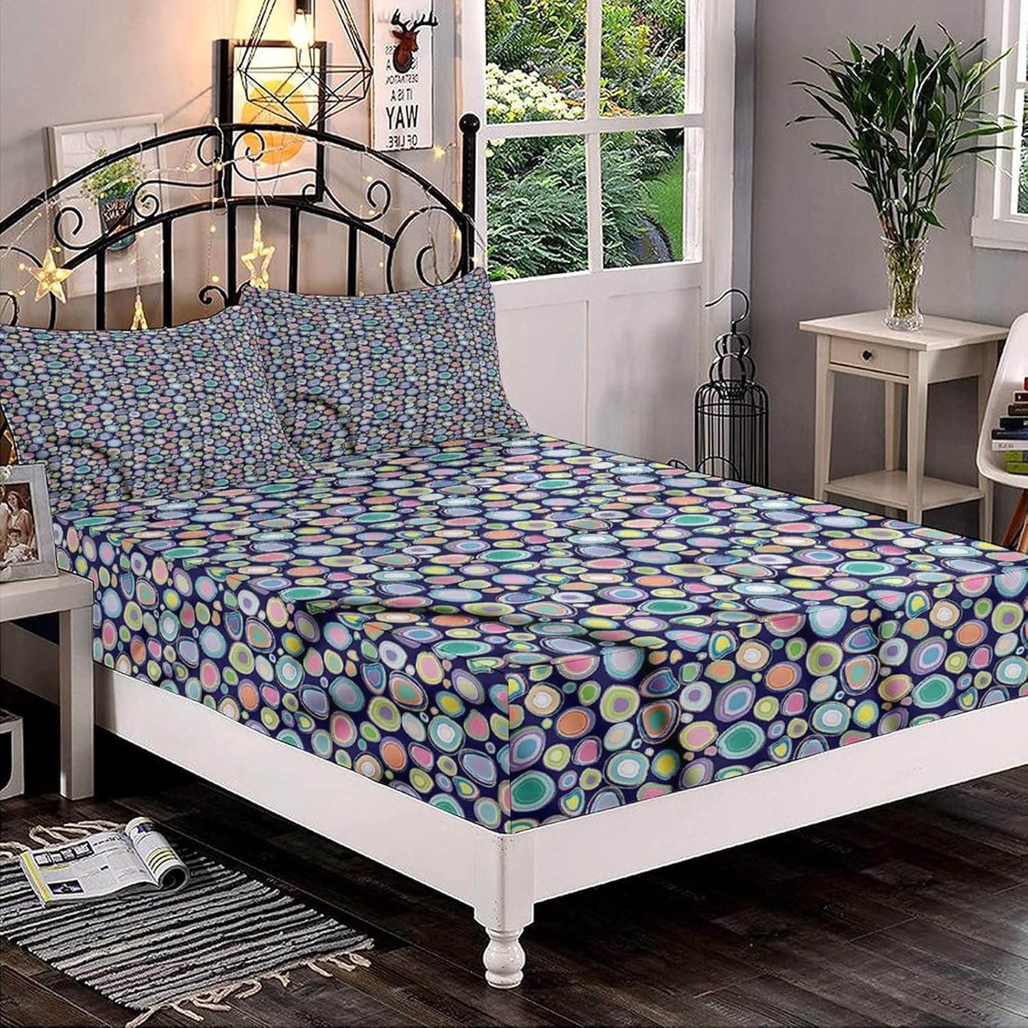 Decorative Bedding Sheet Set Twin Size, Colorful Deep Pockets Fitted Sheet & 2 Pillowcases Set(No Flat Sheet), Stylized Funky Circles Print Microfiber 3pc Bed Sheets Set, for Mattress (Deep: 5"-15")