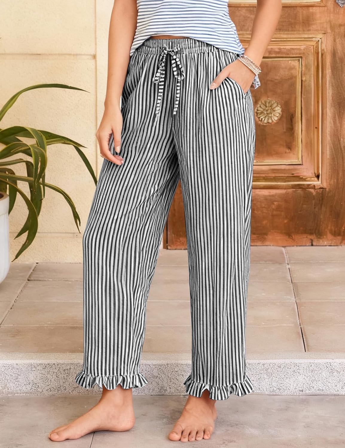 Flygo Womens Striped Lounge Pants Y2K Long Cotton Ruffle Boxer Bottoms Comfy Drawstring Elastic Waist Pj Pants with Pockets - Image 2