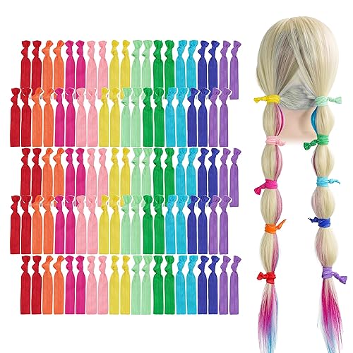 MEEDEE Paquete de 100 ligas elásticas para el cabello con diseño de arco iris sin arrugas, cintas suaves anudadas para cola de caballo para mujeres,