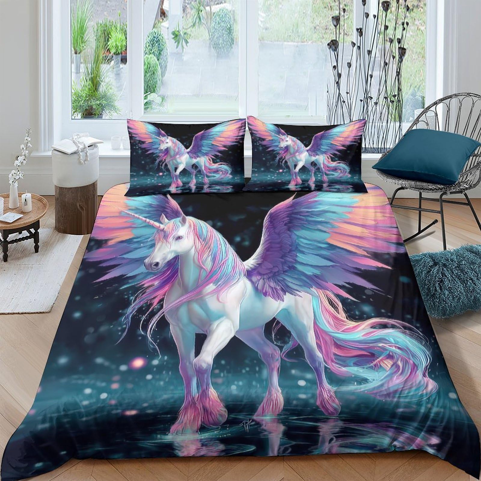 Ctjqhvkz Style-9 3D Printed Fantasy Unicorn Fitted Sheet Microfiber Soft Gradient Wing Bed Cover Anti-Slip Washable For Bedroom Decor Single（135X200cm）