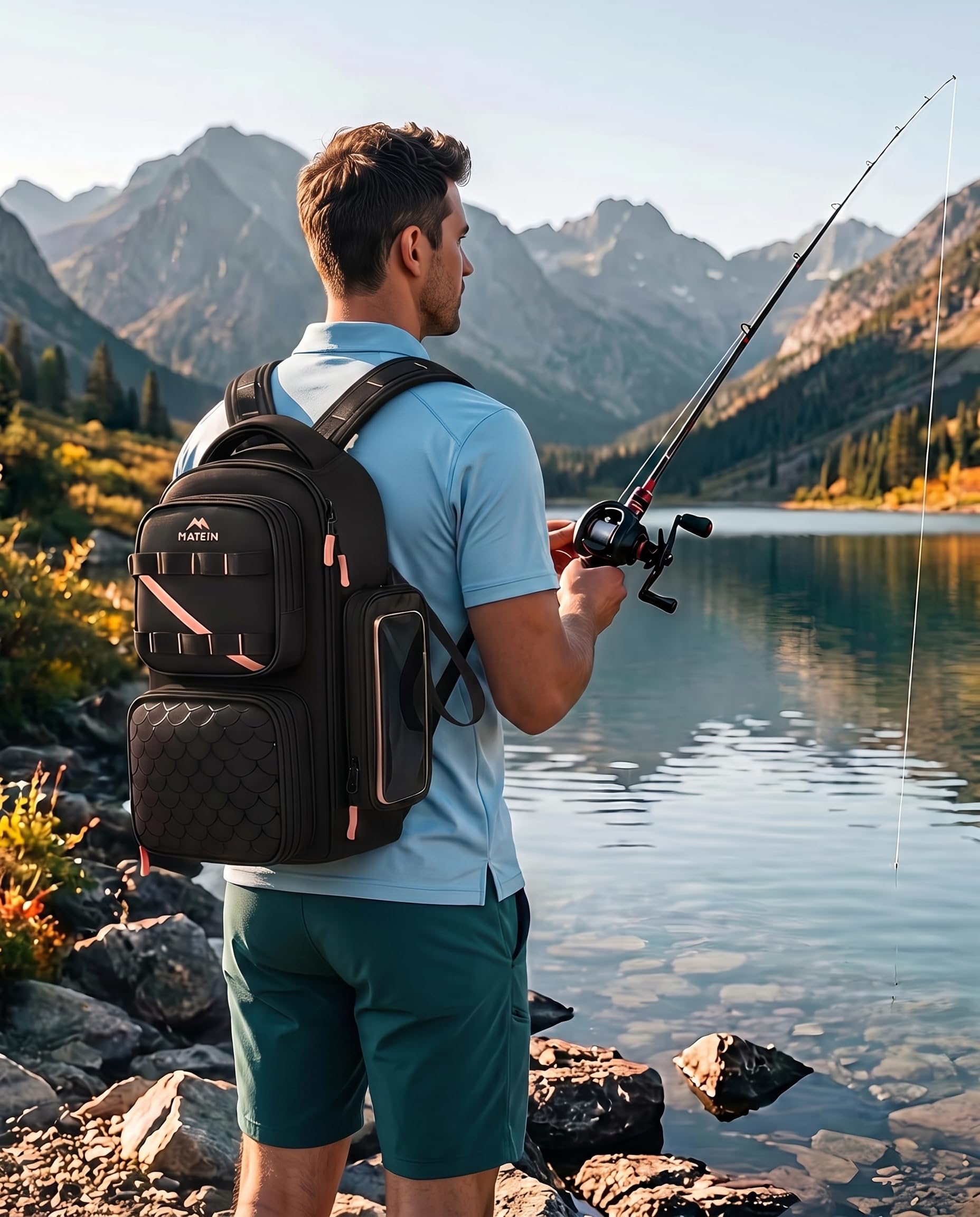 MATEIN Mochila Pesca con Soporte para Caña y Funda para Móvil, Negro