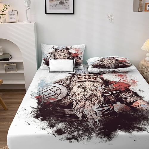 Miniatura 2 de Viking Warrior Sábanas tamaño individual, sábanas étnicas, sábanas y fundas de almohada estampadas de 3 piezas, sábana bajera ajustable de