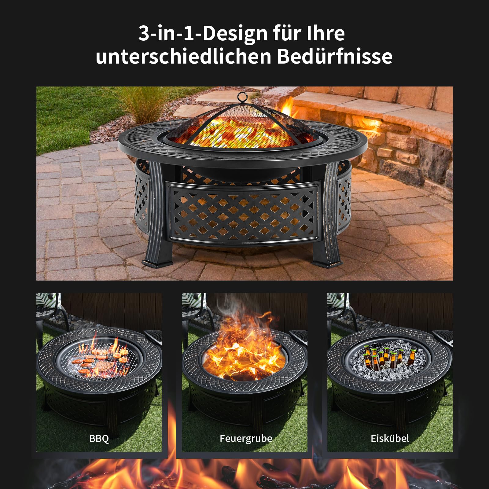 COSTWAY Feuerschale, Feuerstelle mit Grillrost, φ 81cm Feuerkorb mit Funkenschutz, Feuerschale für den Garten, inkl. Schürhaken, für für BBQ, Picknicks & Lagerfeuer