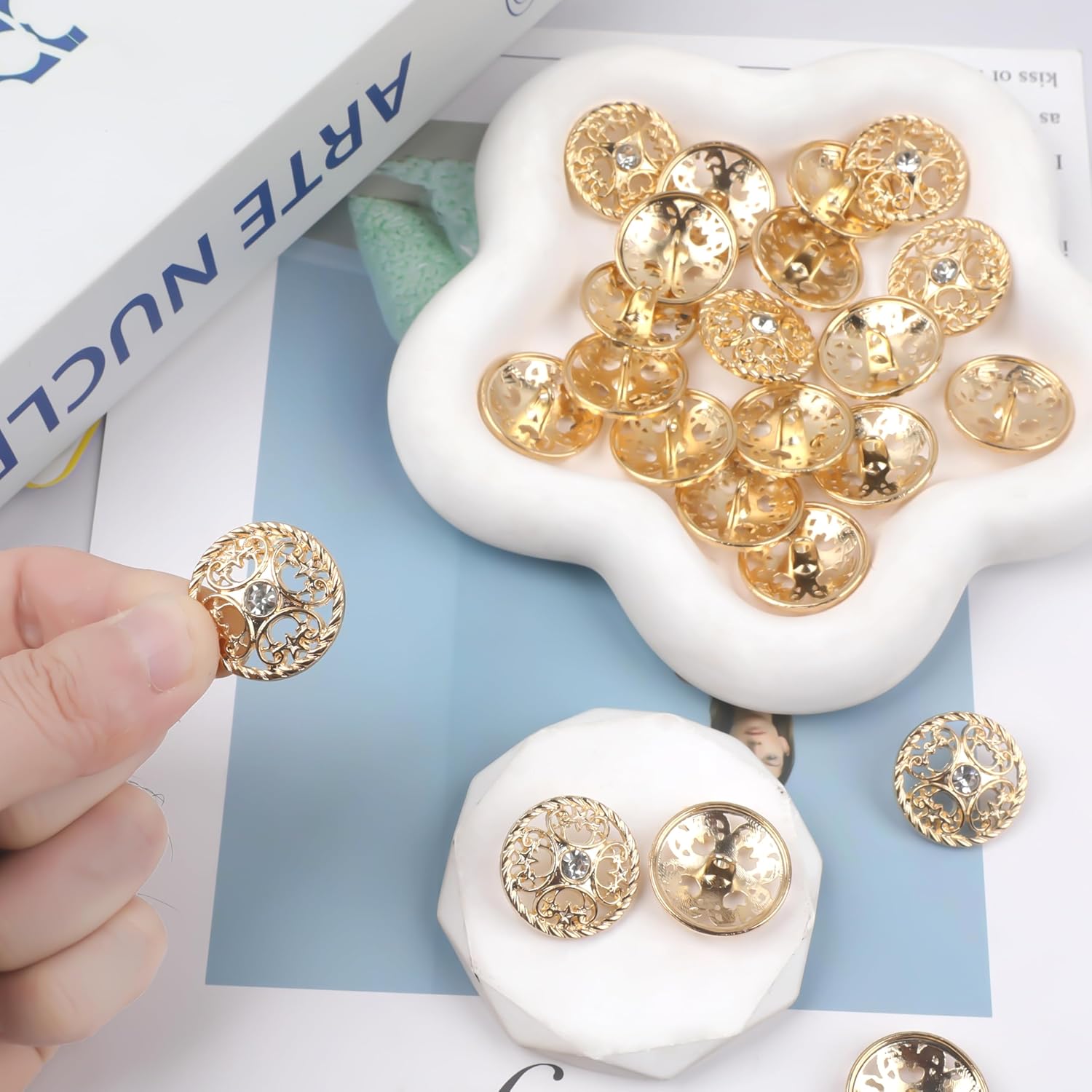 YAKA 24pcs Craft Buttons for Sewing Clothing, Gold Alloy Rhinestone Crystal Hollow Decorative Metal Cloth Buttons, 25mm, DIY Buttons Craft Supplies (Style5) - Image 5