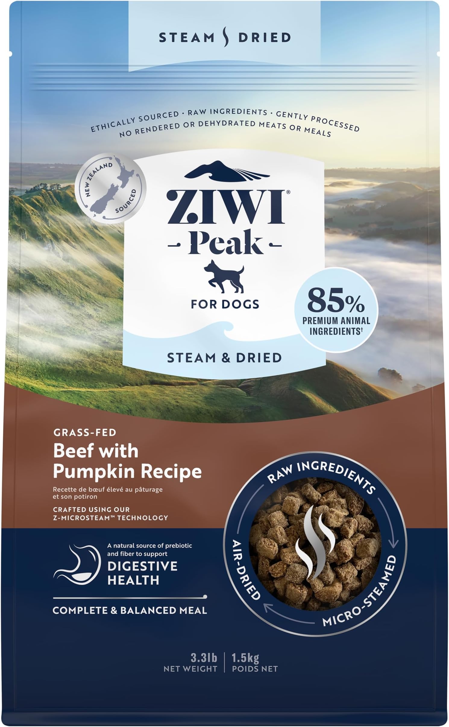 ZIWI Peak Steam & Dried Grass-fed Beef & Pumpkin, 1.5 kg - High Protein, Grain Free Dog Food Dry, Raw Dog Food Alternative