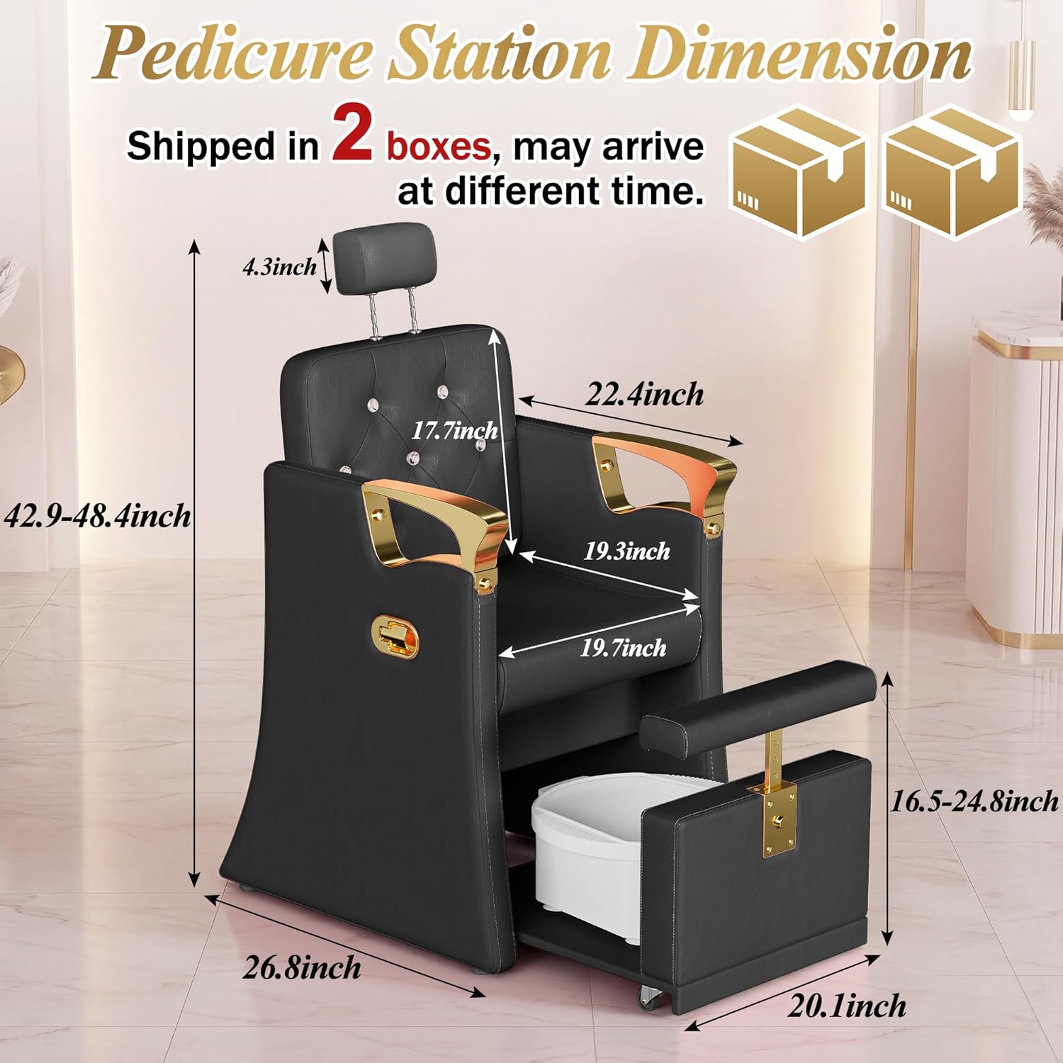 KIGOTY Pedicure Station for Nail Tech, Reclining No Plumbing Pedicure Chair with Hidden Storage Platform, Lift Foot Spa Chair with Massage Foot Bath, Salon Spa Equipment (Black-Gold)