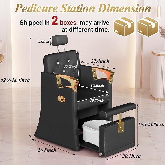 KIGOTY Pedicure Station for Nail Tech, Reclining No Plumbing Pedicure Chair with Hidden Storage Platform, Lift Foot Spa Chair with Massage Foot Bath, Salon Spa Equipment (Black-Gold)