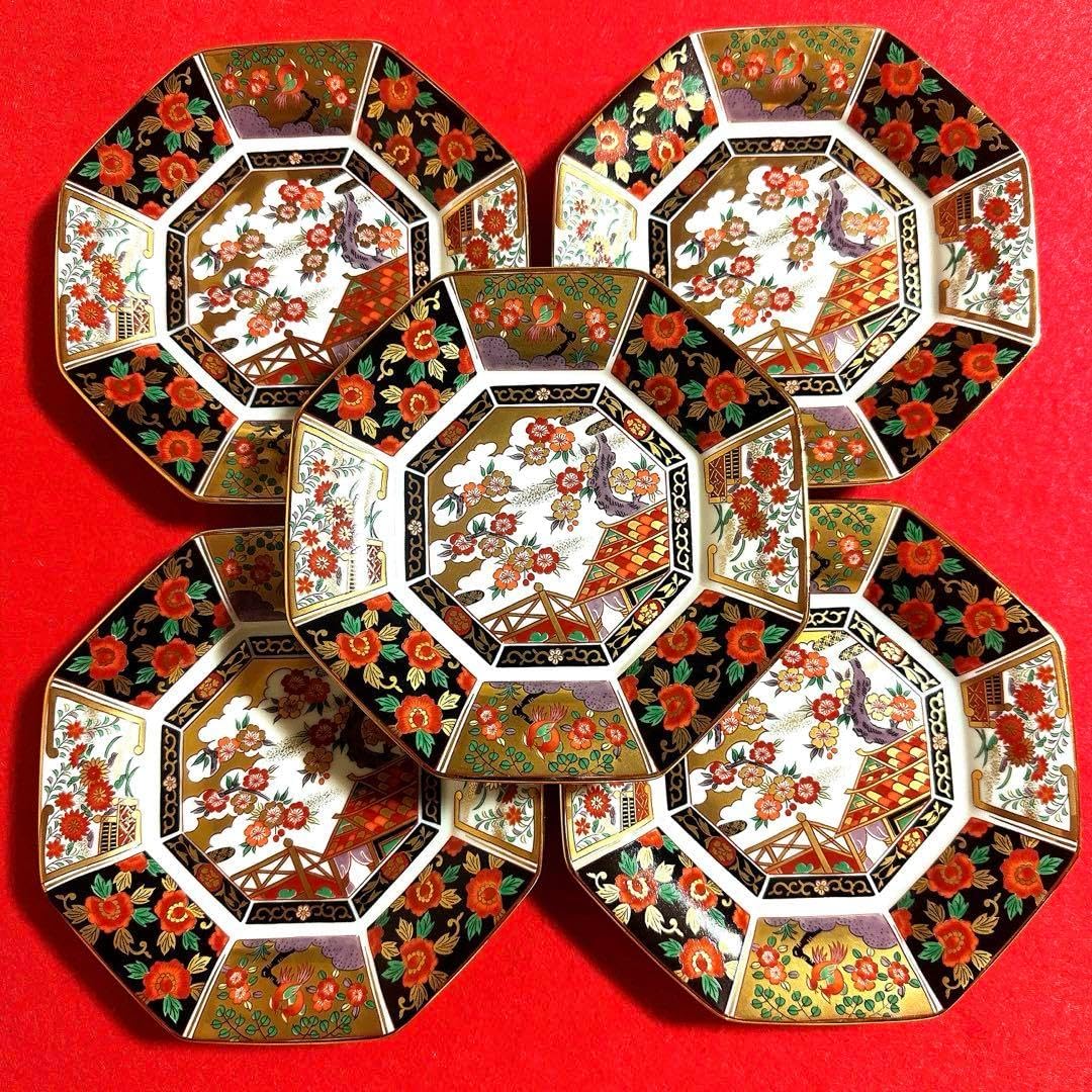 有田焼　青藍窯　古伊万里紋　金蘭手　金彩　八角皿　5枚揃 有田焼 青藍窯 古伊万里紋 金蘭手 金彩 八角皿 5枚揃 即日