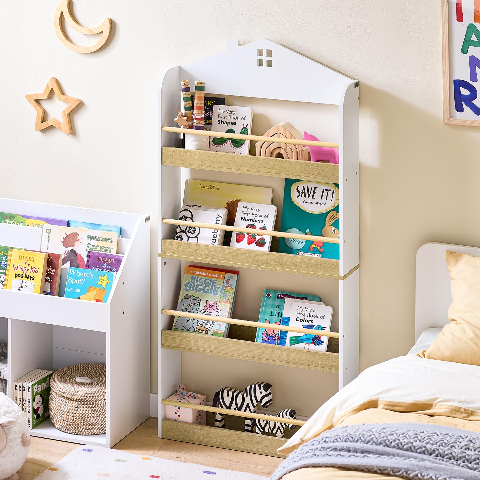 SoBuy Regał na książki dla dzieci, regał do przechowywania zabawek z 4 półkami na książki i dekoracje, regał Montessori, meble do pokoju dziecięcego, biały i naturalny, 60 x 130,5 x 15 cm KMB121-WN