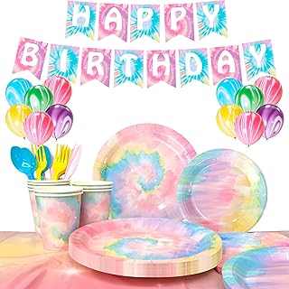 Tie Dye Birthday Party Supplies,138pcs Tie Dye Tableware & Decorations Set - Tie Dye Plates and Napkins Cups & Rainbow Table Cloth & Tie Dye Birthday Banner Balloons etc Rainbow Tie Dye Party Supplies