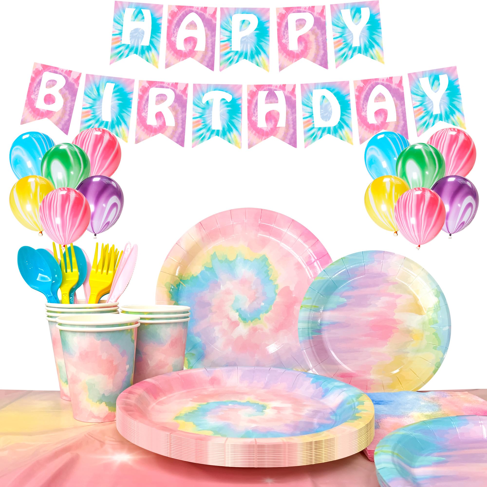 Generic Tie Dye Birthday Party Supplies - Tableware & Decorations Set - Plates, Napkins, Cups, Table Cloth, Birthday Banner, Balloons - Rainbow Tie Dye Theme - 63 Count