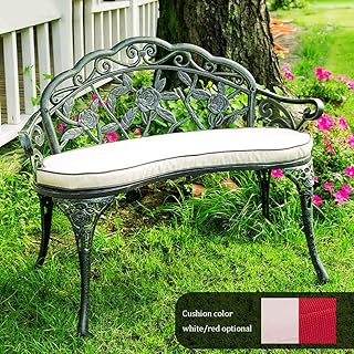 Banco de jardim ao ar livre, banco de jardim de pátio, banco de parque de estrutura de alumínio fundido com encosto, assento duplo externo esculpido com rosa, banco decorativo de varanda frontal de g