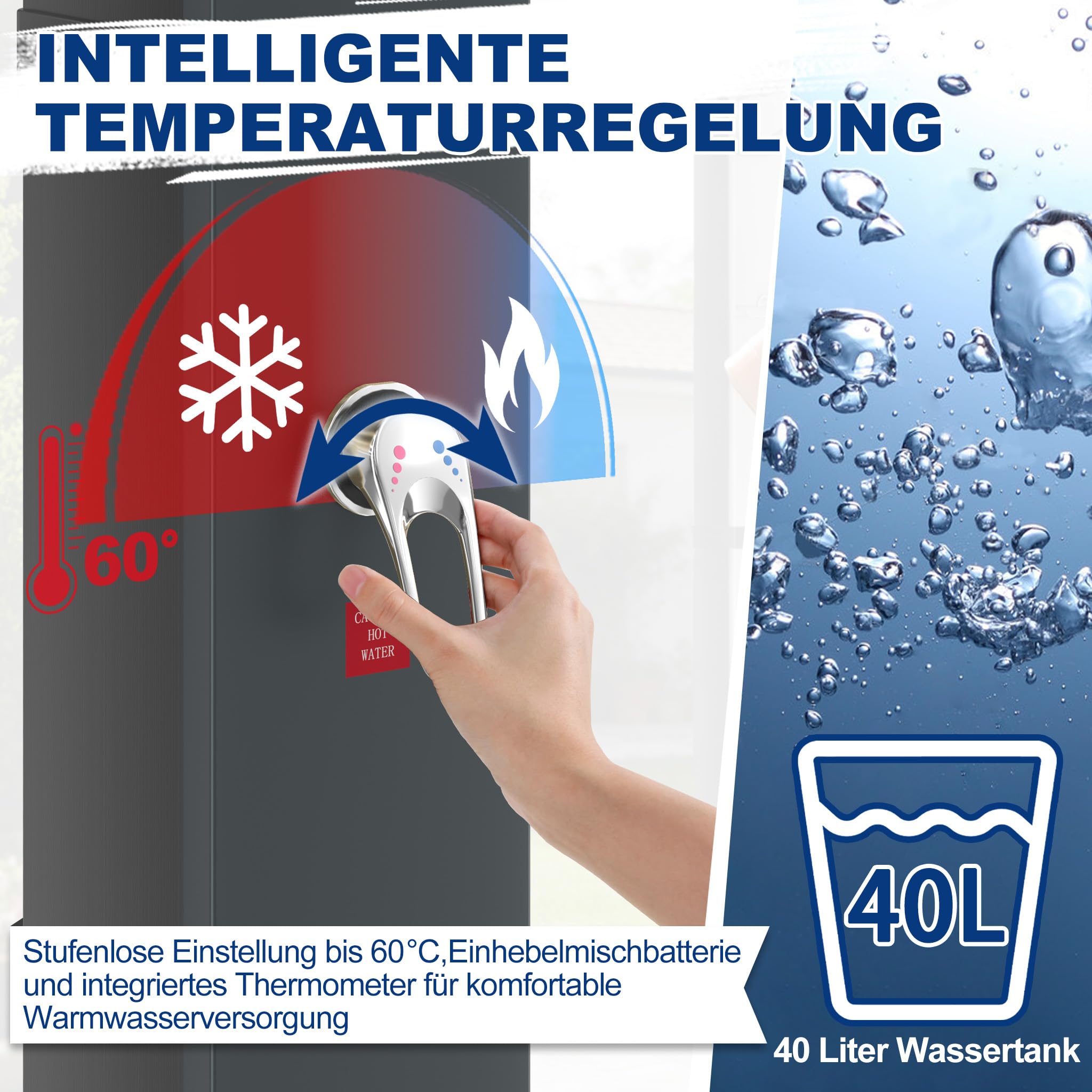 LZQ Prysznic solarny 40 l, prysznic ogrodowy, solarny z wbudowanym termometrem i prysznicem nożnym, prysznic basenowy 60 °C, ciepła woda bez prądu, prysznic zewnętrzny z obrotową głowicą prysznicową i