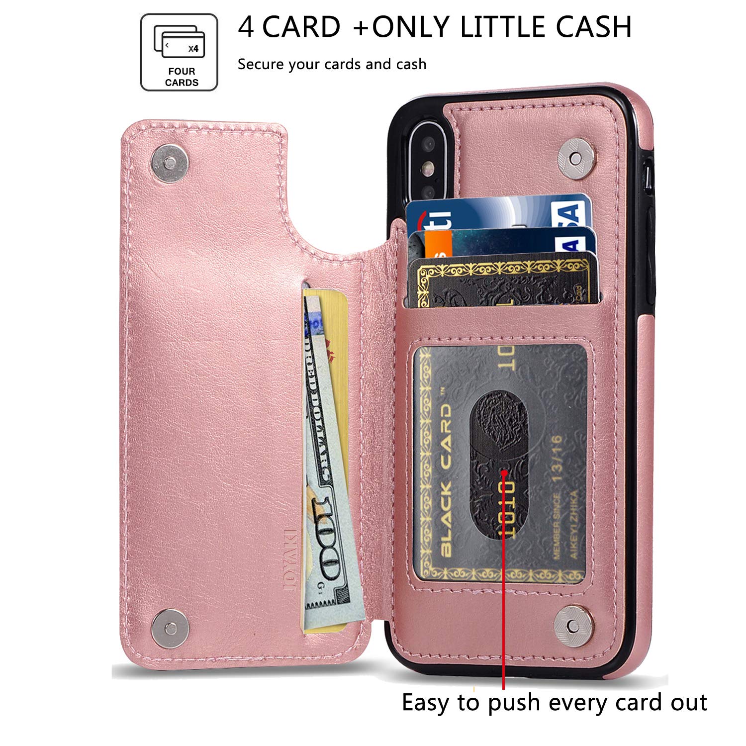 JOYAKI iPhone X/XS Wallet Case, iPhone X/XS Case with Credit Card Holder, Slim PU Leather Case with Card Slots, Protective Case with a Screen Protective Glass for iPhone X/XS 5.8 inch (Rose Gold)