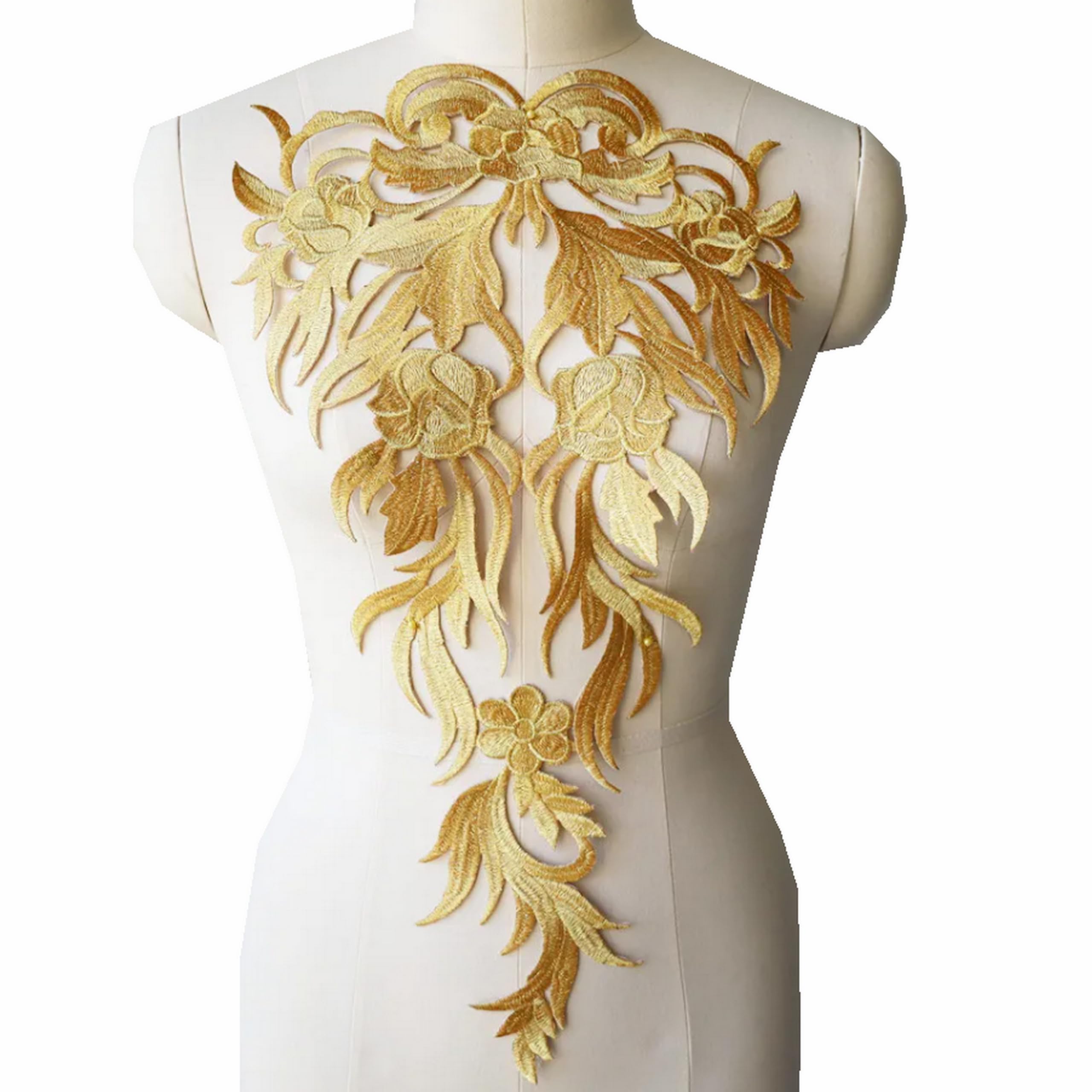 Large Embroidery Baroque Gold Flower Applique Fabric Collar Sew Iron Patch Wedding Bridal Gown Dress DIY Clothes Decor Crafts (Gold)
