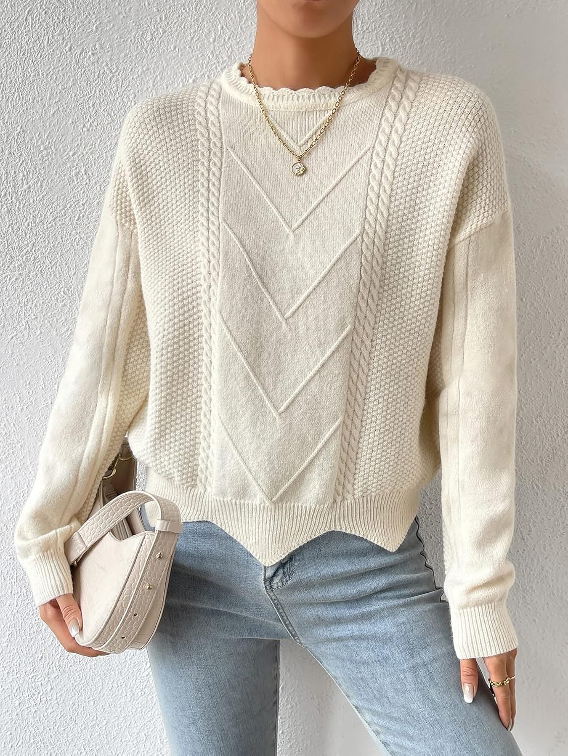 Women's Sweater Cable Knit Drop Shoulder Sweater Sweater for Women (Color : Beige, Size : Medium)