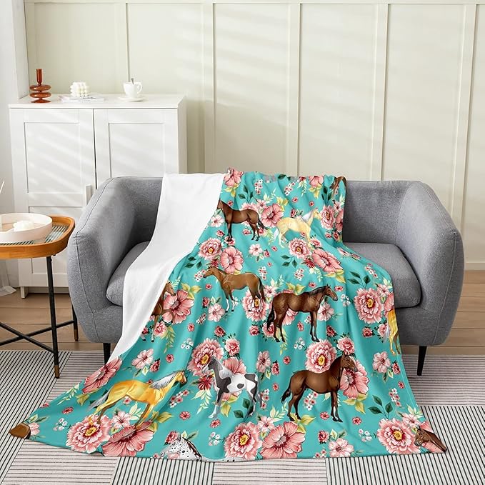 Erosebridal Girls Horse Throw Blanket 40x50,Pink Flower Fleece Blanket for Kids,Galloping Horse